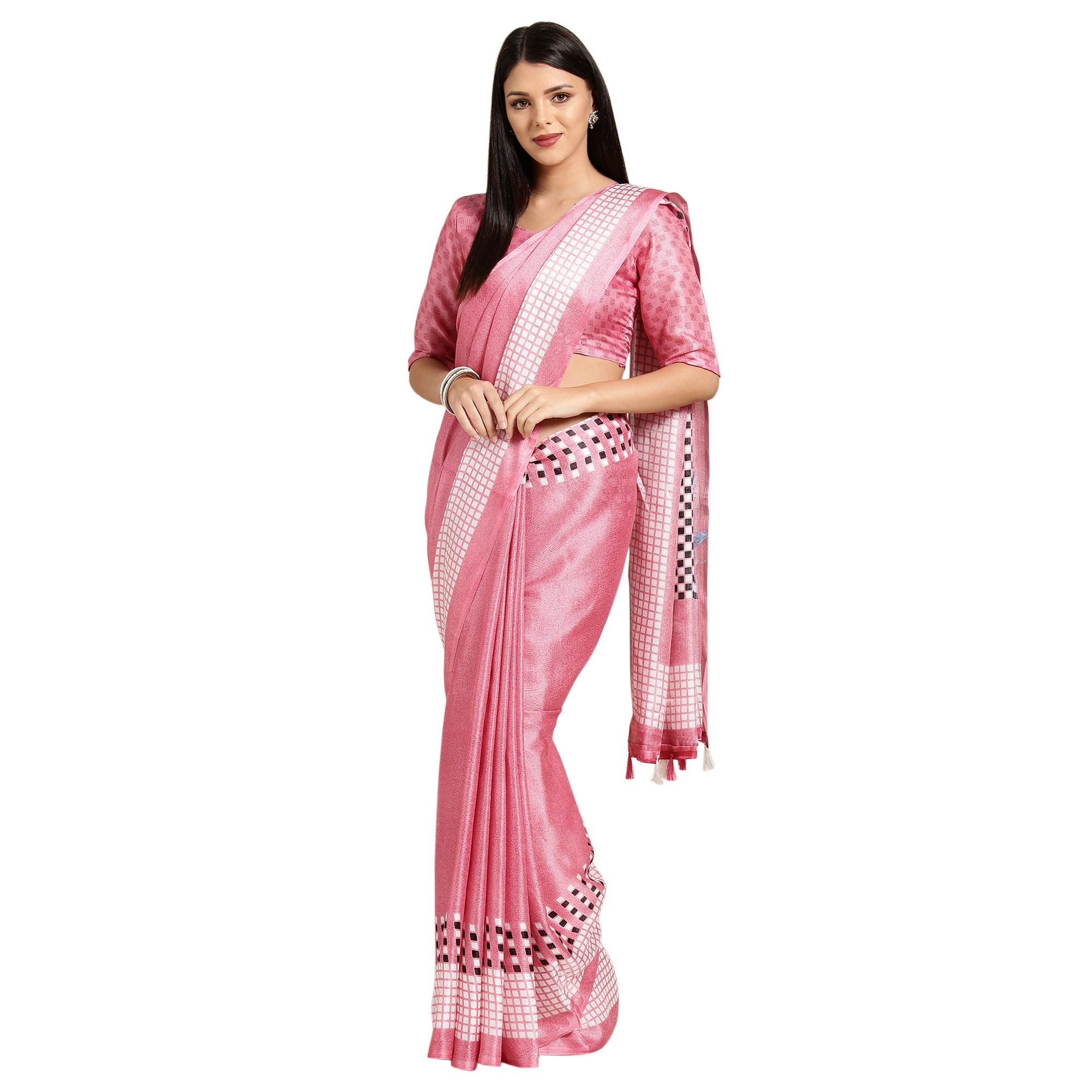 Sophisticated Pink Colored Casual Printed Linen Saree - Peachmode