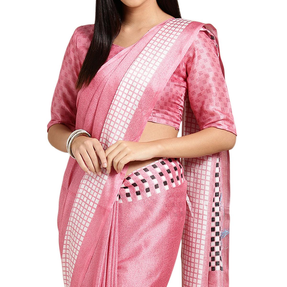 Sophisticated Pink Colored Casual Printed Linen Saree - Peachmode