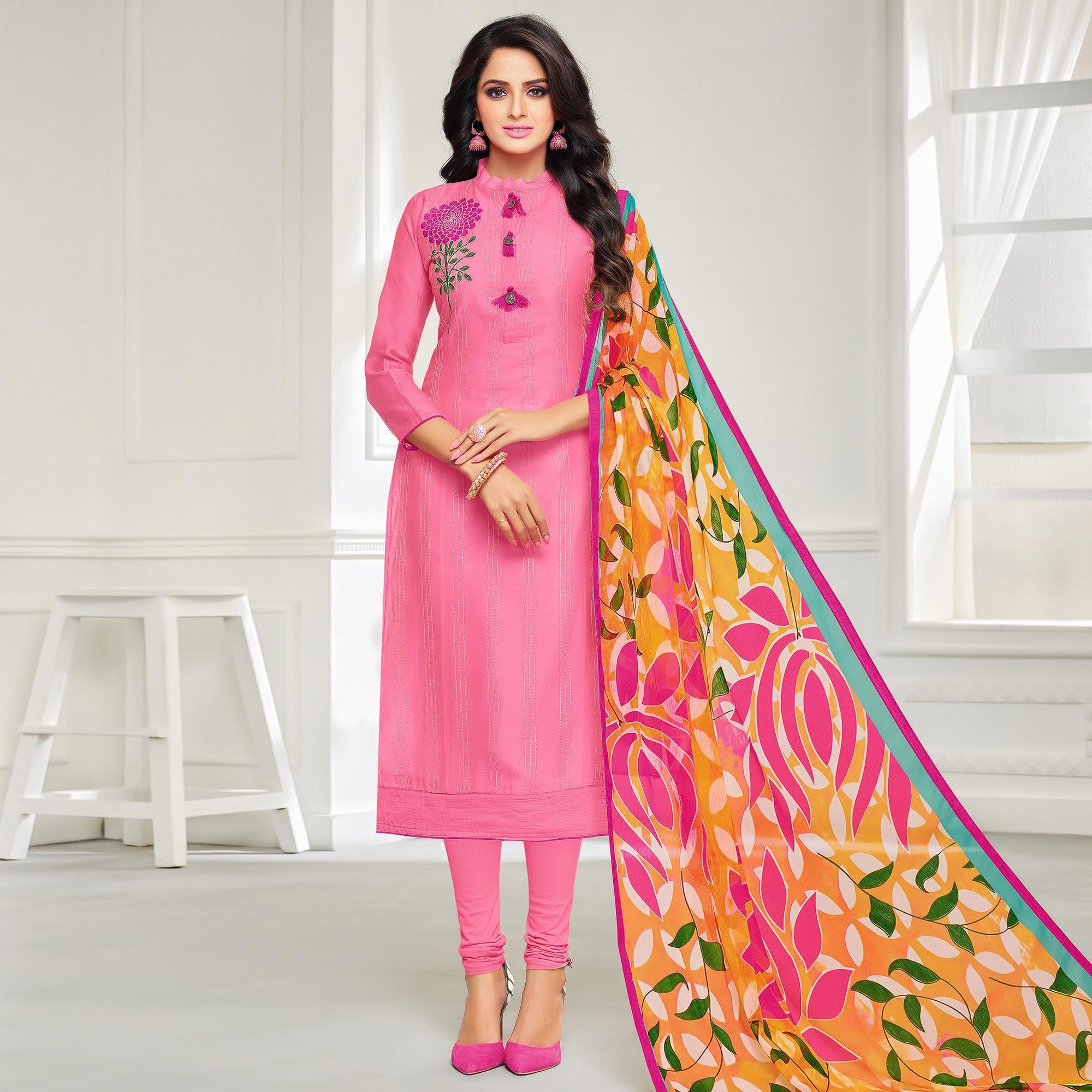 Sophisticated Pink Colored Casual Wear Printed Chanderi Dress Material - Peachmode