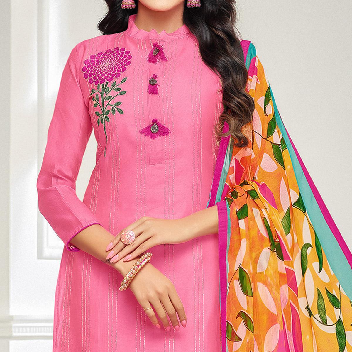 Sophisticated Pink Colored Casual Wear Printed Chanderi Dress Material - Peachmode