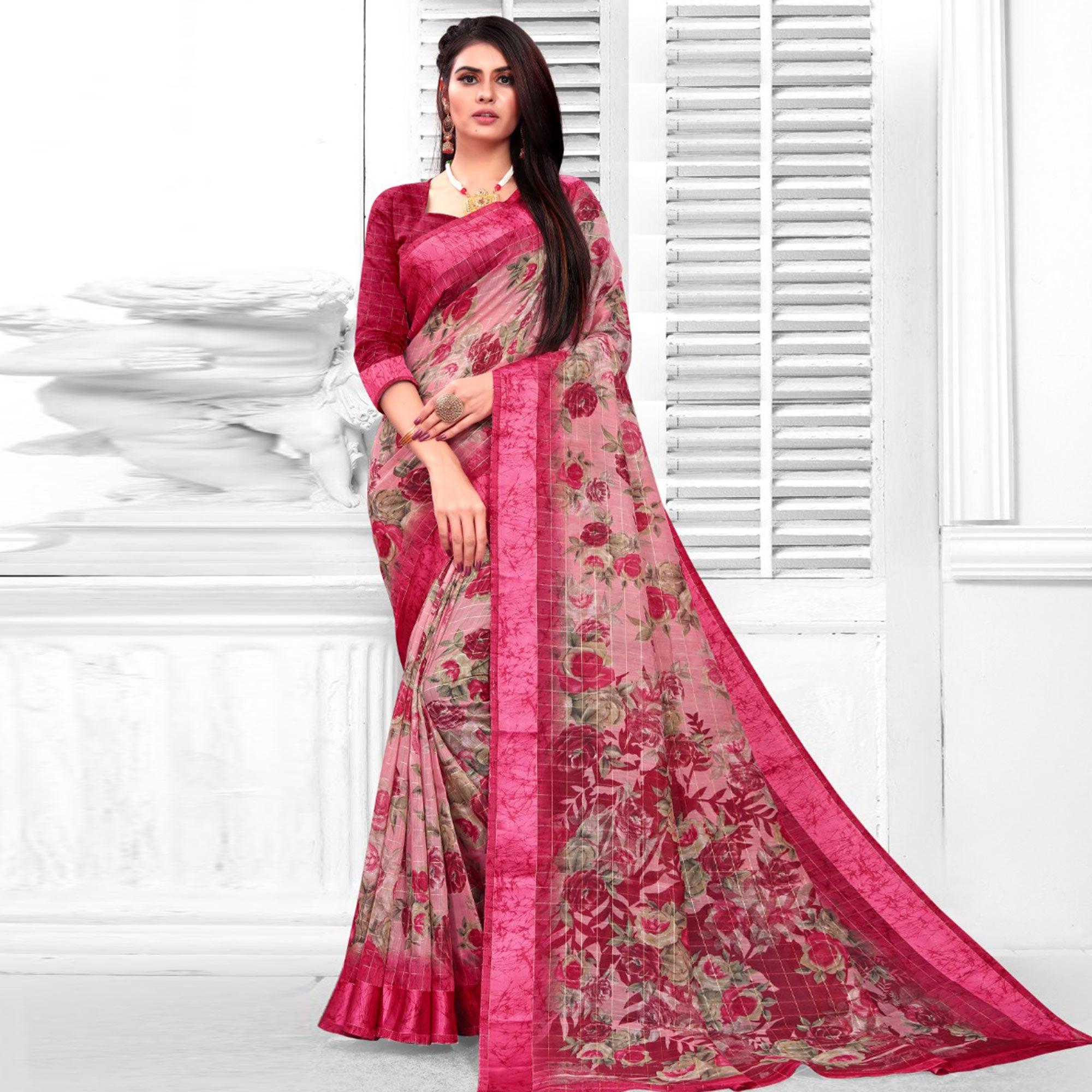 Sophisticated Pink Colored Casual Wear Printed Cotton Saree - Peachmode