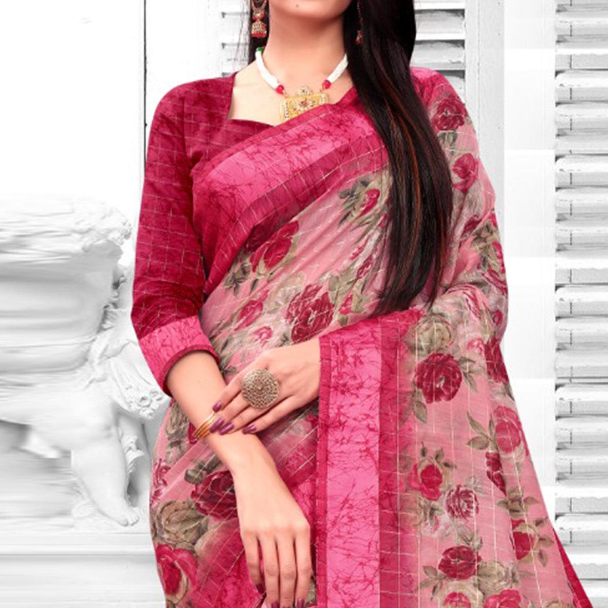 Sophisticated Pink Colored Casual Wear Printed Cotton Saree - Peachmode
