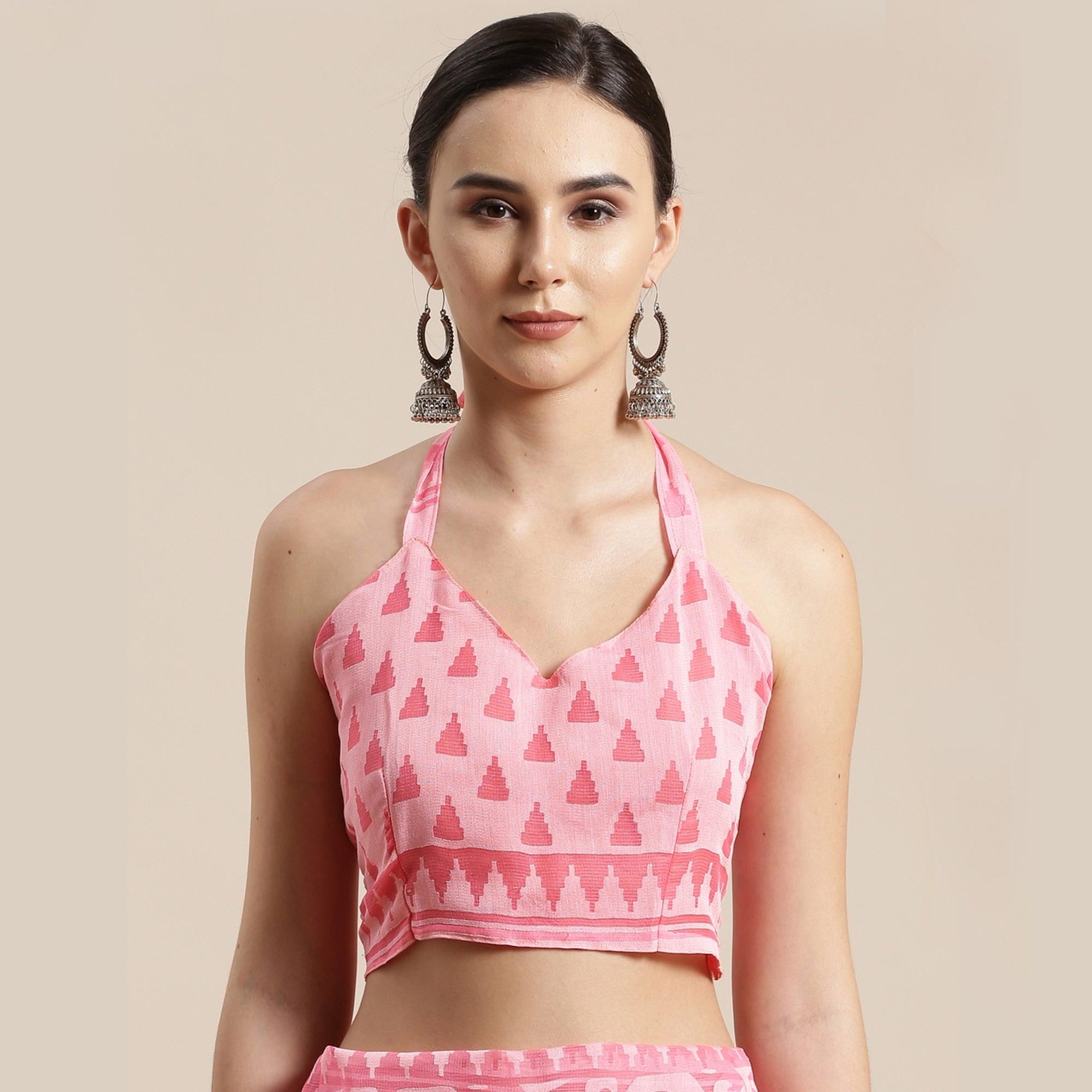 Sophisticated Pink Colored Party Wear Geometric Brasso Saree - Peachmode