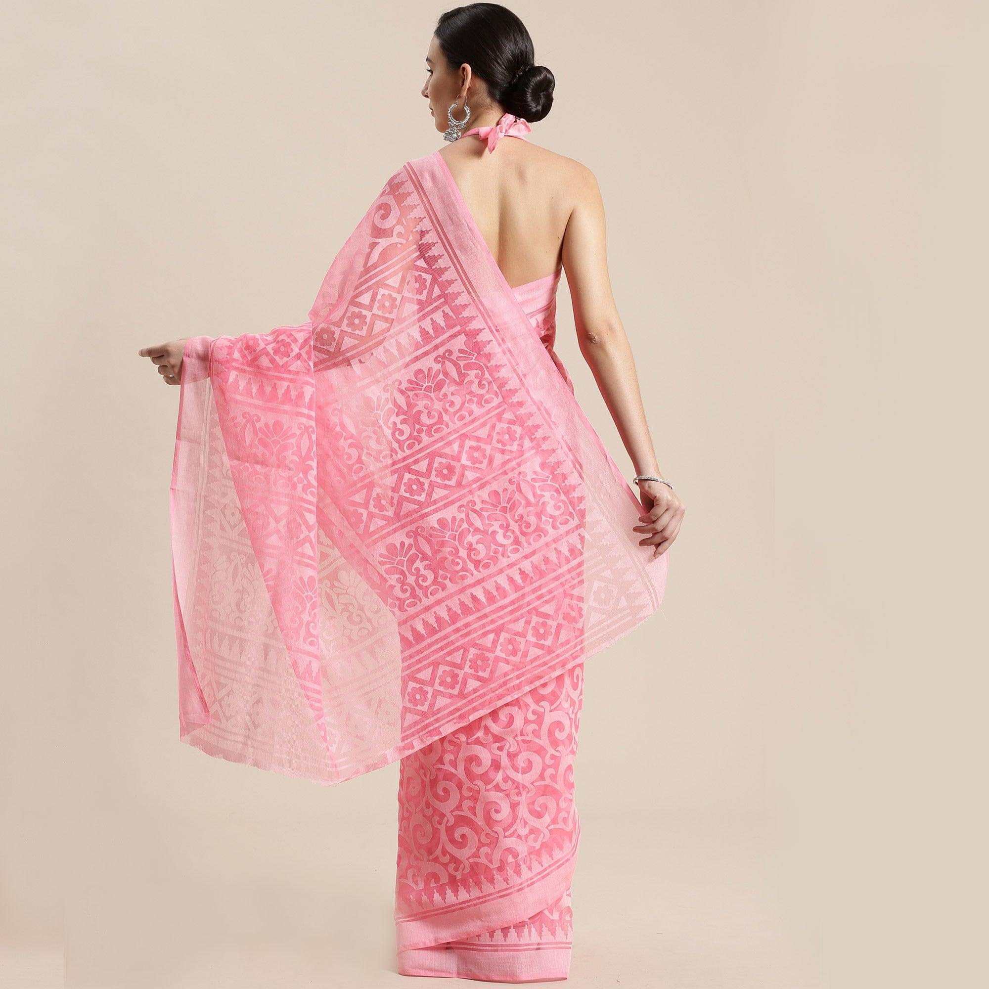 Sophisticated Pink Colored Party Wear Geometric Brasso Saree - Peachmode