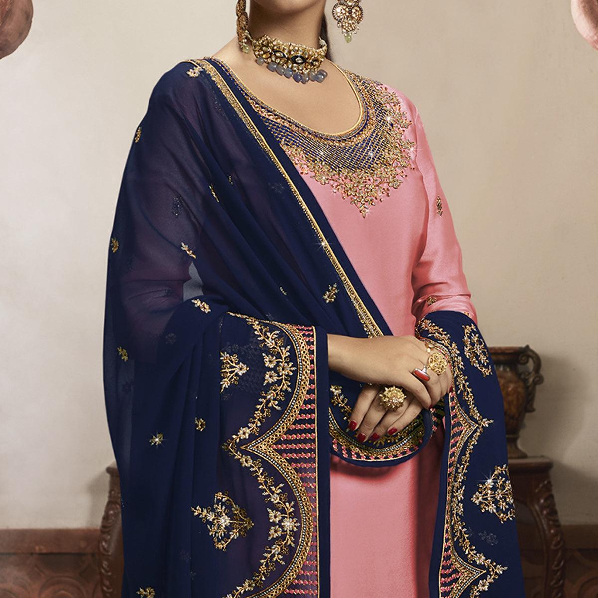 Sophisticated Pink Colored Partywear Embroidered Satin Dual Bottom Suit - Peachmode