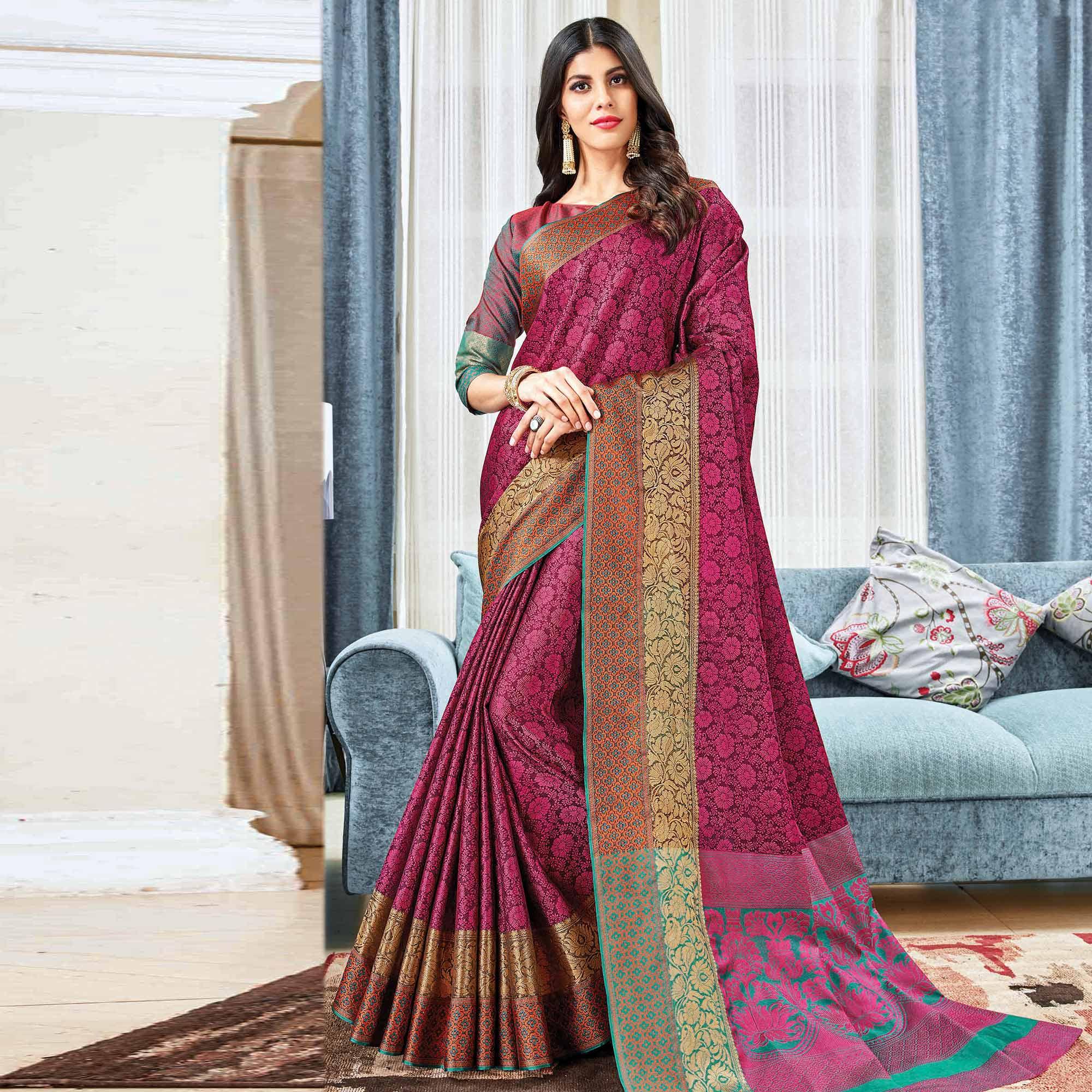 Sophisticated Purple Colored Festive Wear Woven Handloom Silk Saree - Peachmode