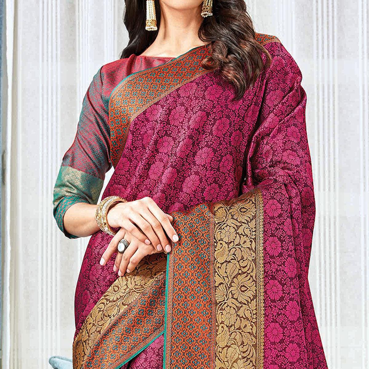 Sophisticated Purple Colored Festive Wear Woven Handloom Silk Saree - Peachmode