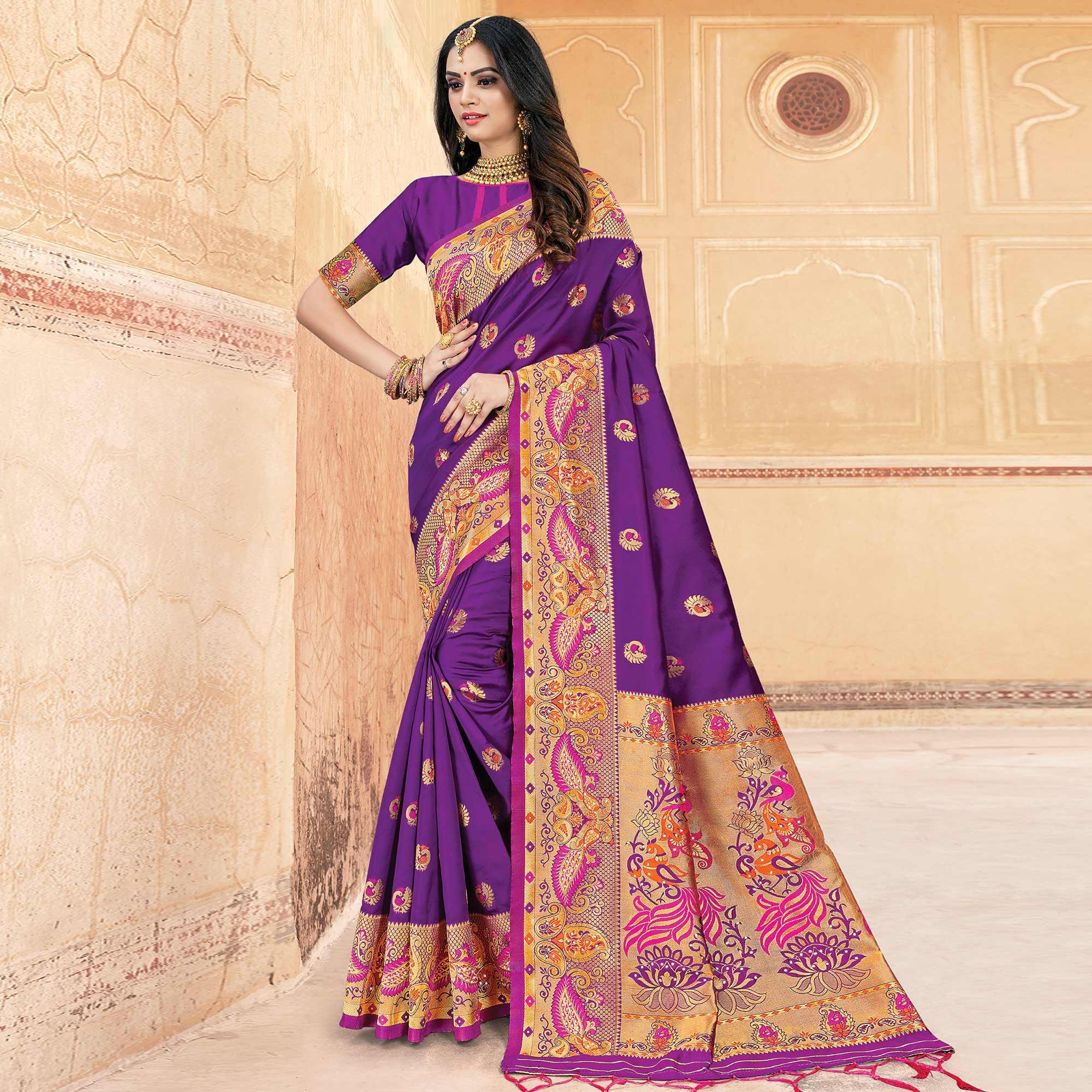 Sophisticated Purple Colored Festive Wear Woven Silk Saree - Peachmode
