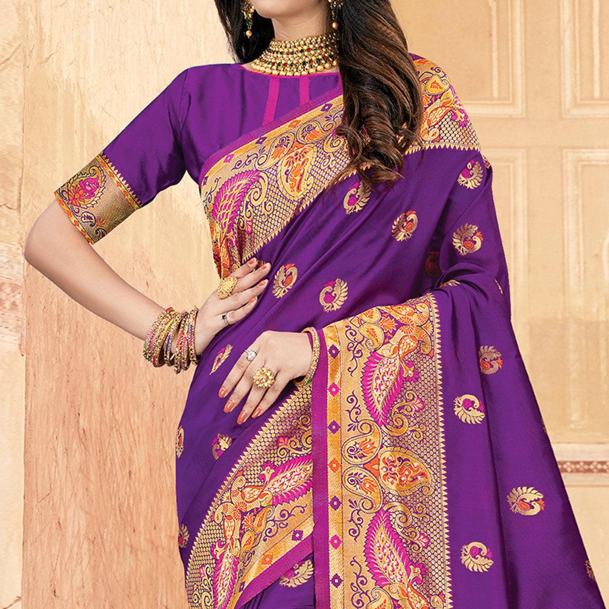 Sophisticated Purple Colored Festive Wear Woven Silk Saree - Peachmode
