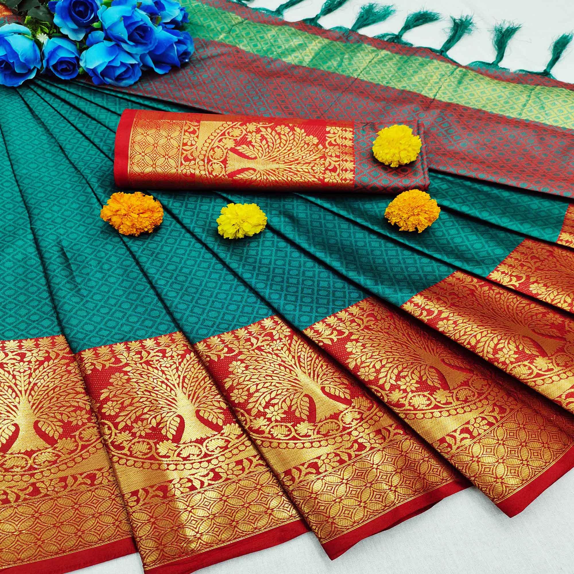 Sophisticated Rama Colored Festive Wear Woven Cotton Silk Saree - Peachmode