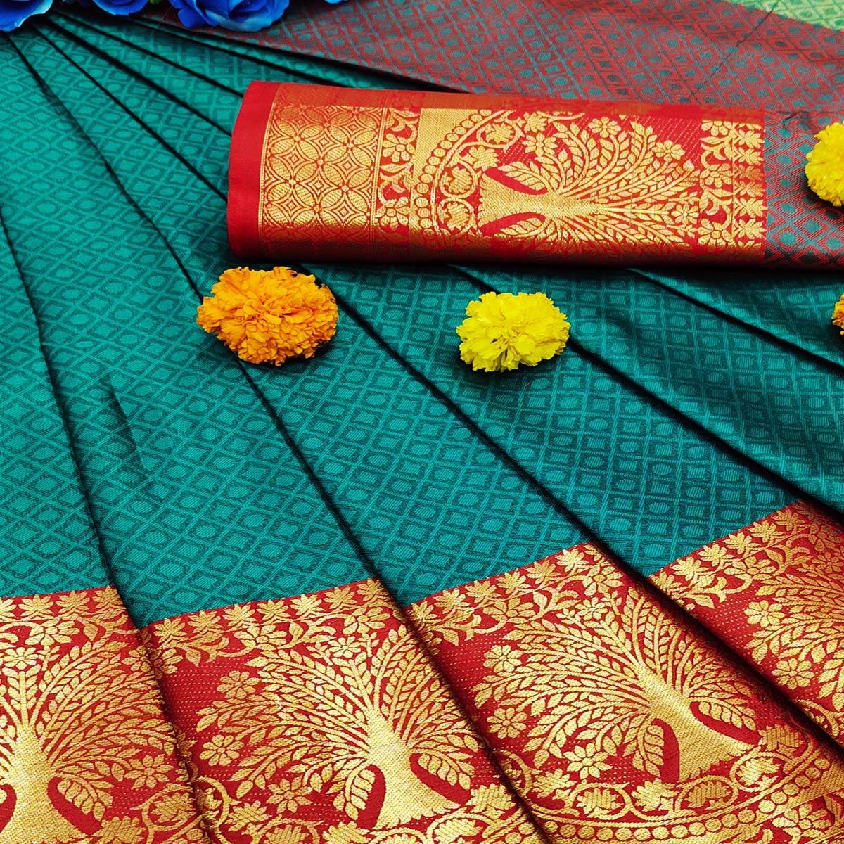 Sophisticated Rama Colored Festive Wear Woven Cotton Silk Saree - Peachmode