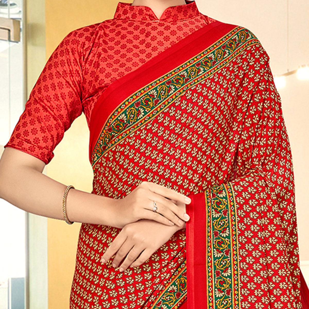 Sophisticated Red Coloured Casual Wear Printed Crepe Saree - Peachmode