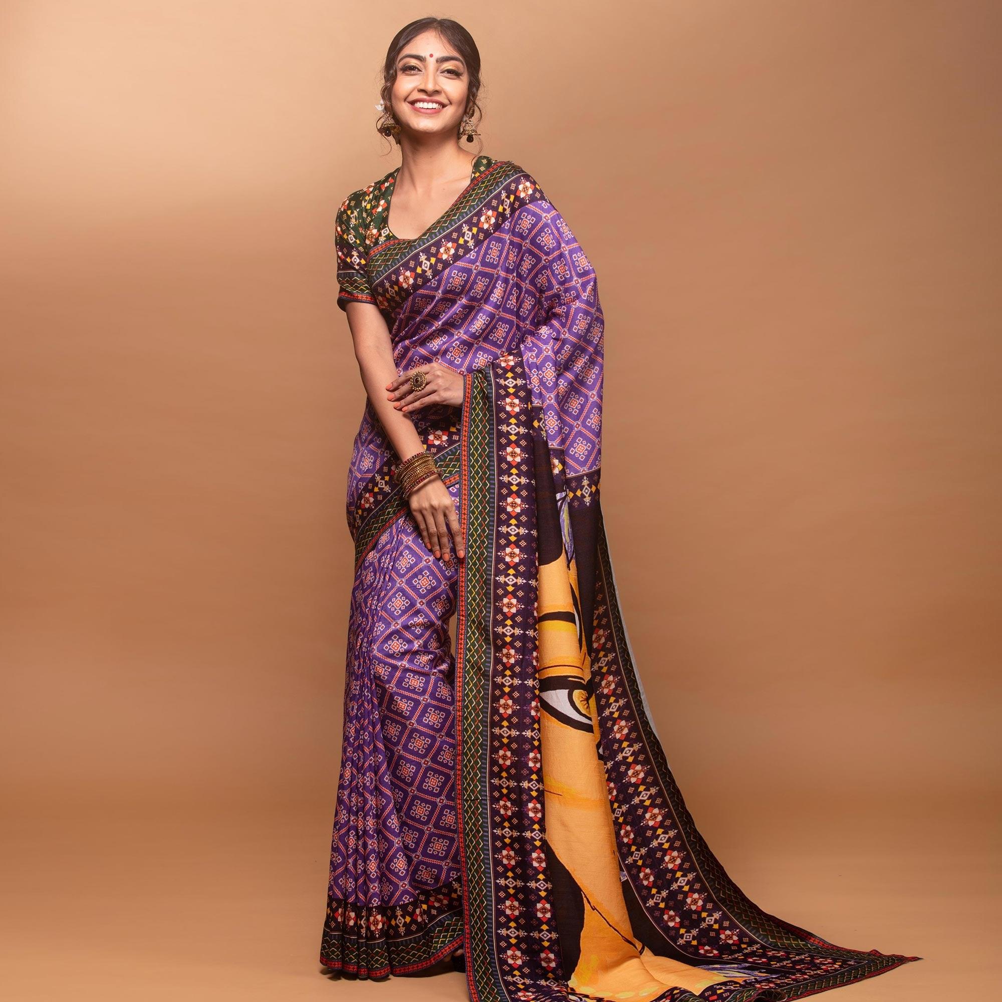 Sophisticated Violet Colored Festive Wear Laser Printed Silk Saree - Peachmode