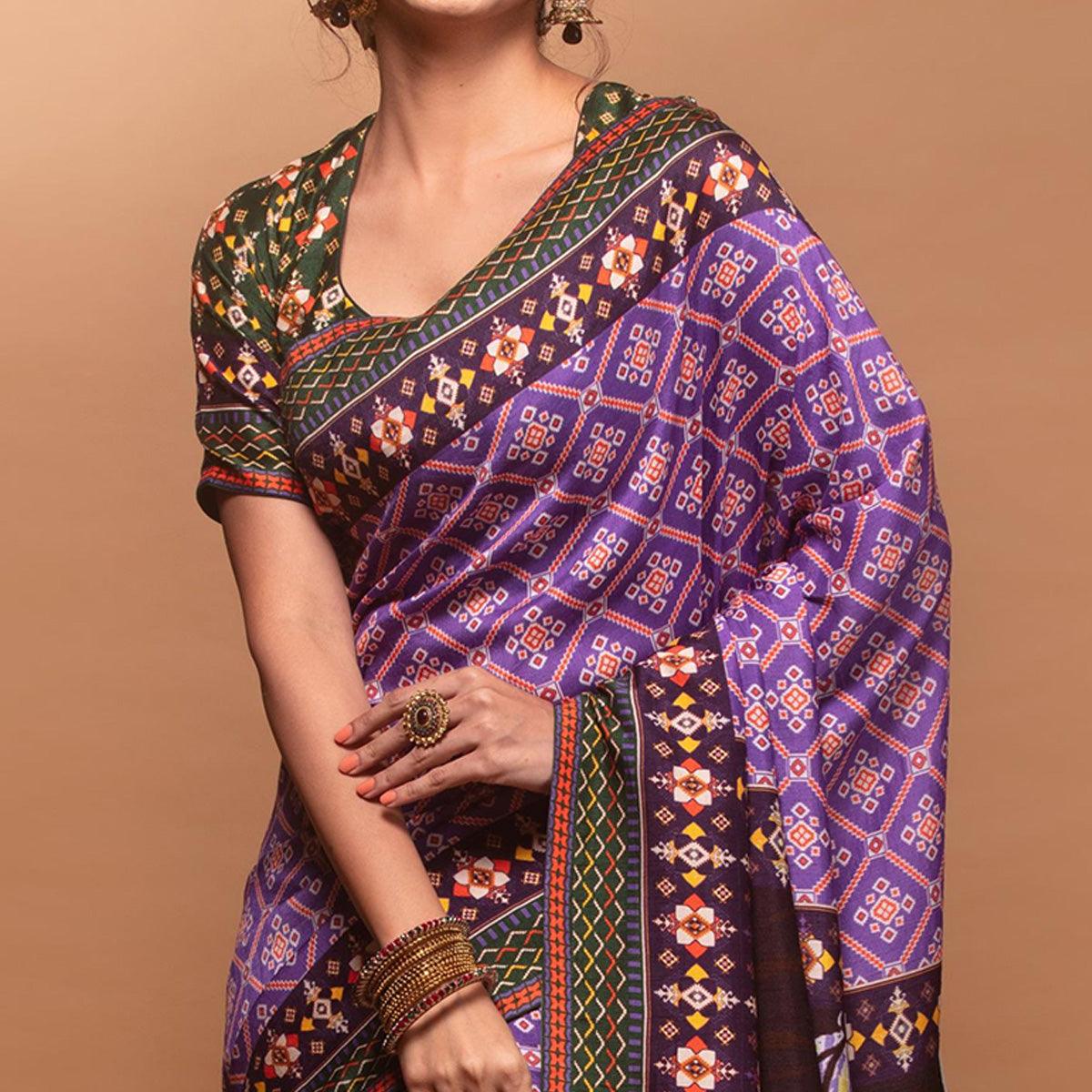 Sophisticated Violet Colored Festive Wear Laser Printed Silk Saree - Peachmode