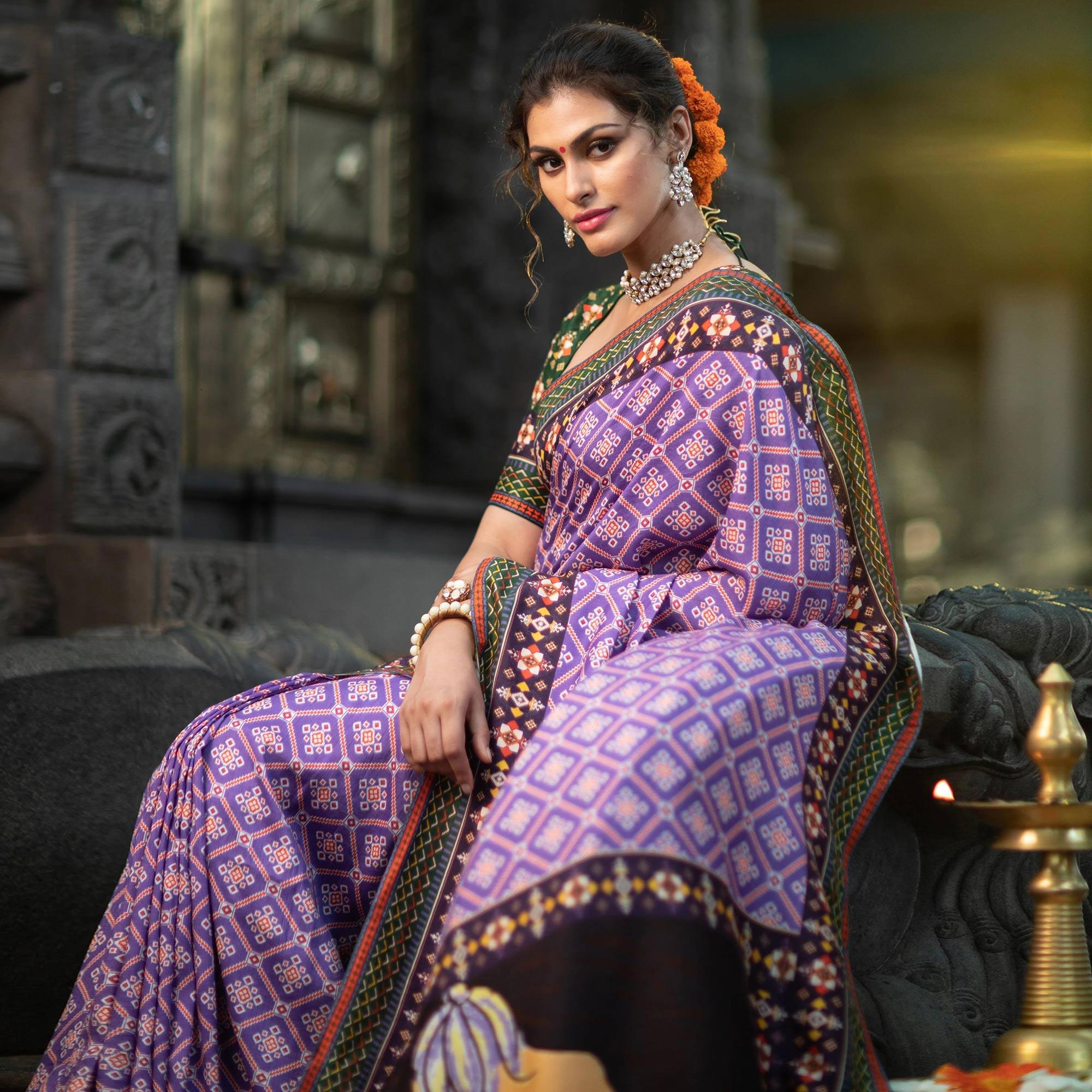 Sophisticated Violet Colored Festive Wear Laser Printed Silk Saree - Peachmode
