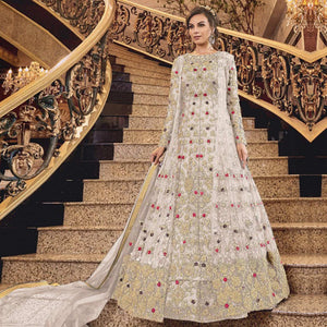 Sophisticated White Colored Partywear Embroidered Abaya Style Soft Net Anarkali Suit - Peachmode