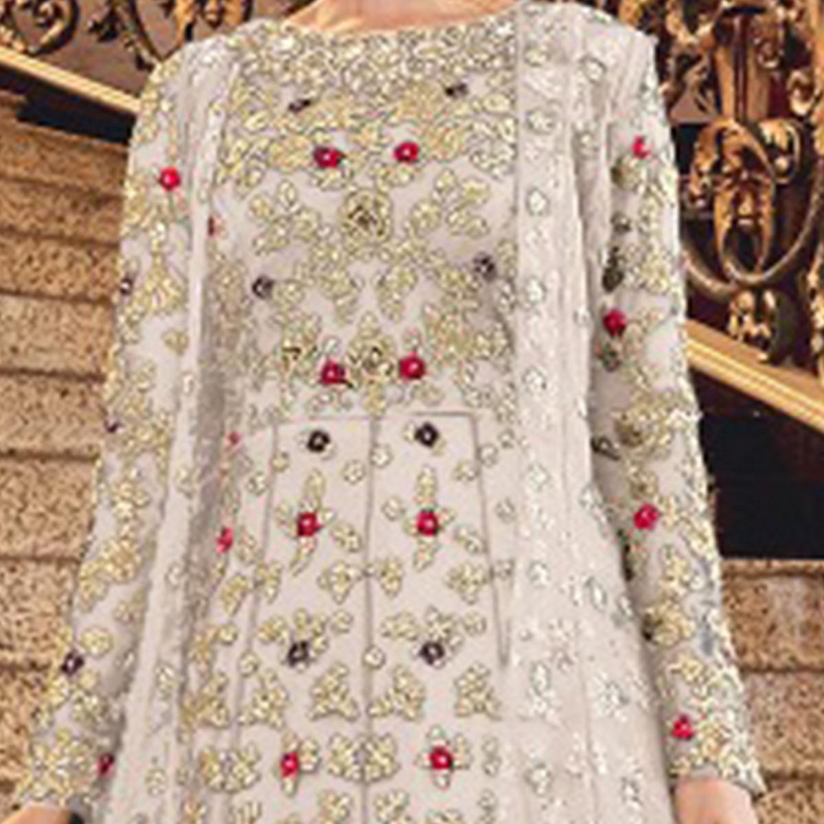 Sophisticated White Colored Partywear Embroidered Abaya Style Soft Net Anarkali Suit - Peachmode