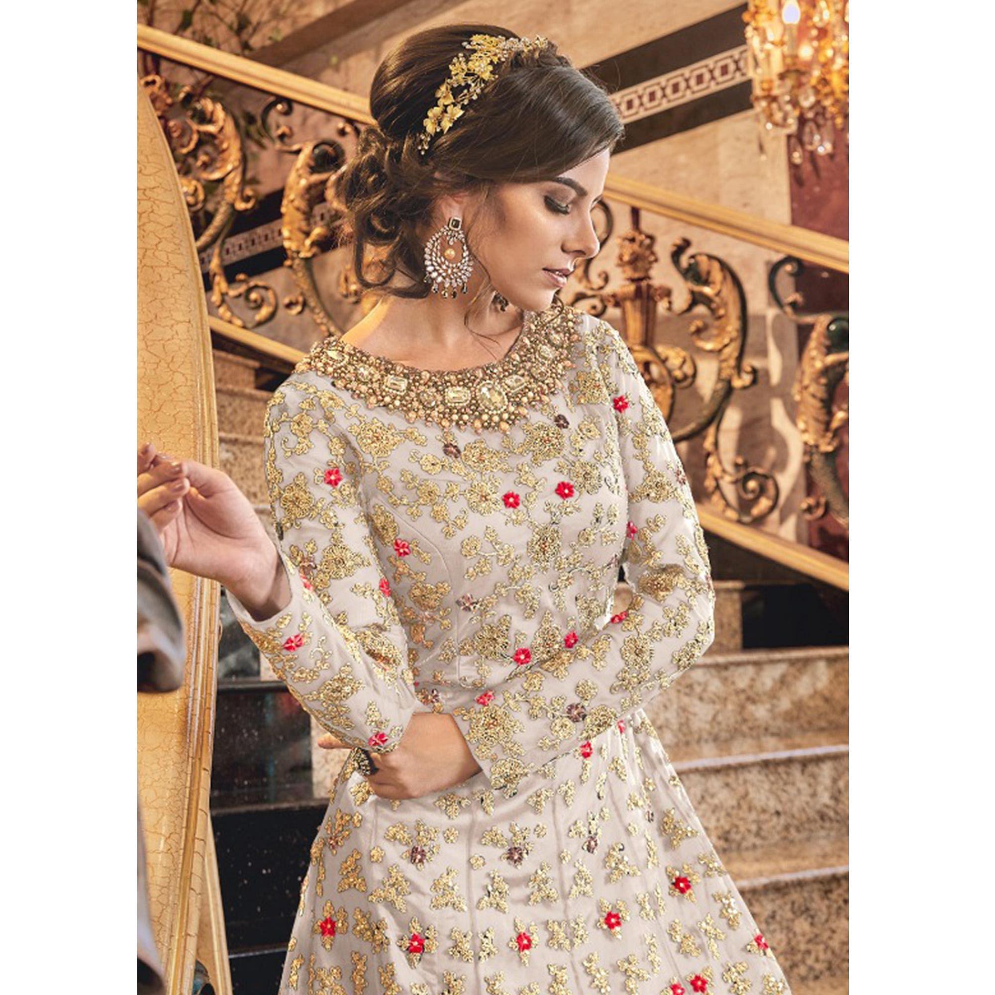 Sophisticated White Colored Partywear Embroidered Abaya Style Soft Net Anarkali Suit - Peachmode