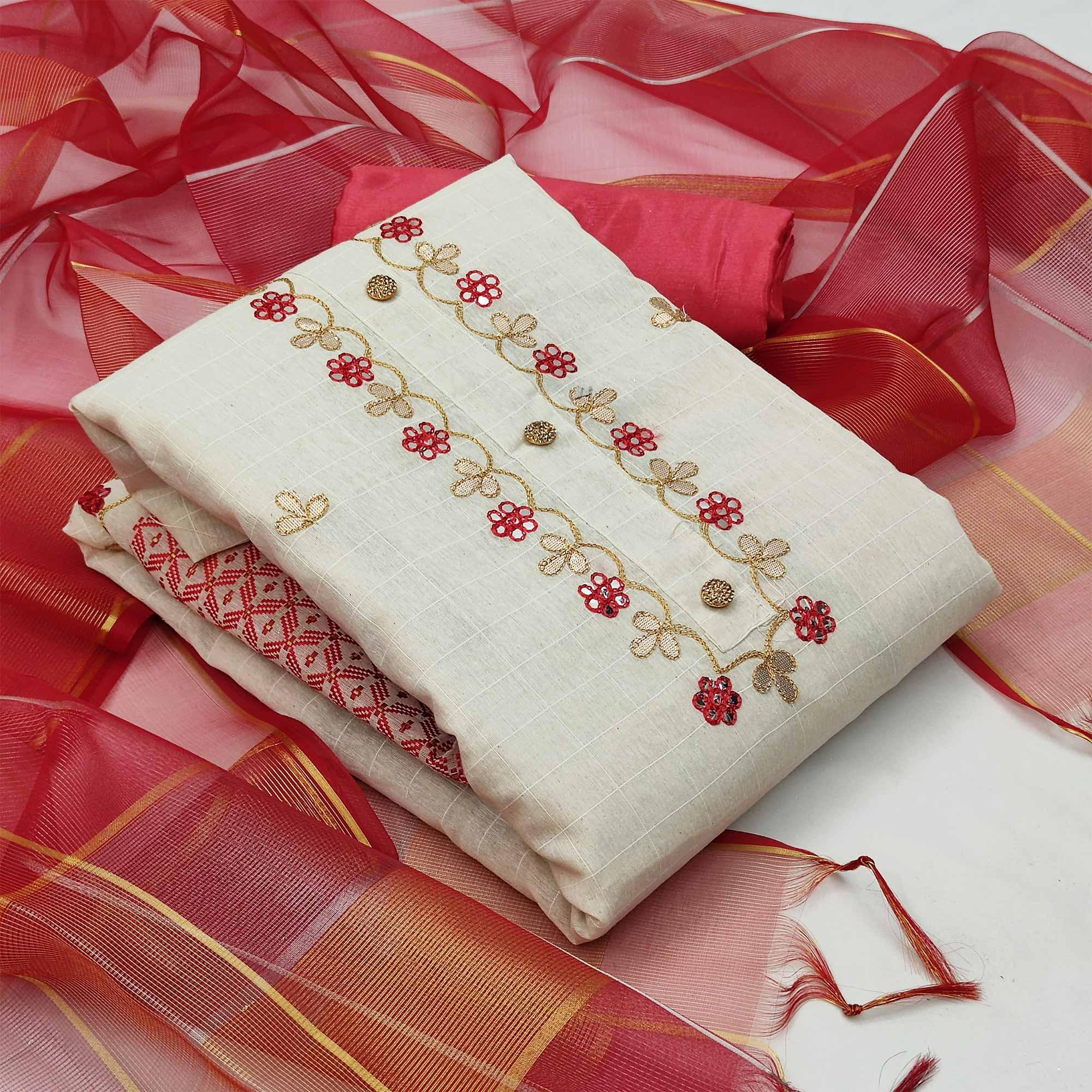 Sophisticated White - Red Colored Casual Embroidered Modal Chanderi Jacquard Dress Material - Peachmode