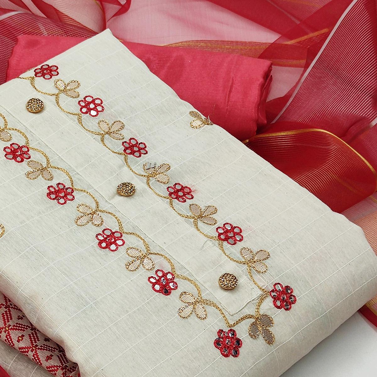 Sophisticated White - Red Colored Casual Embroidered Modal Chanderi Jacquard Dress Material - Peachmode