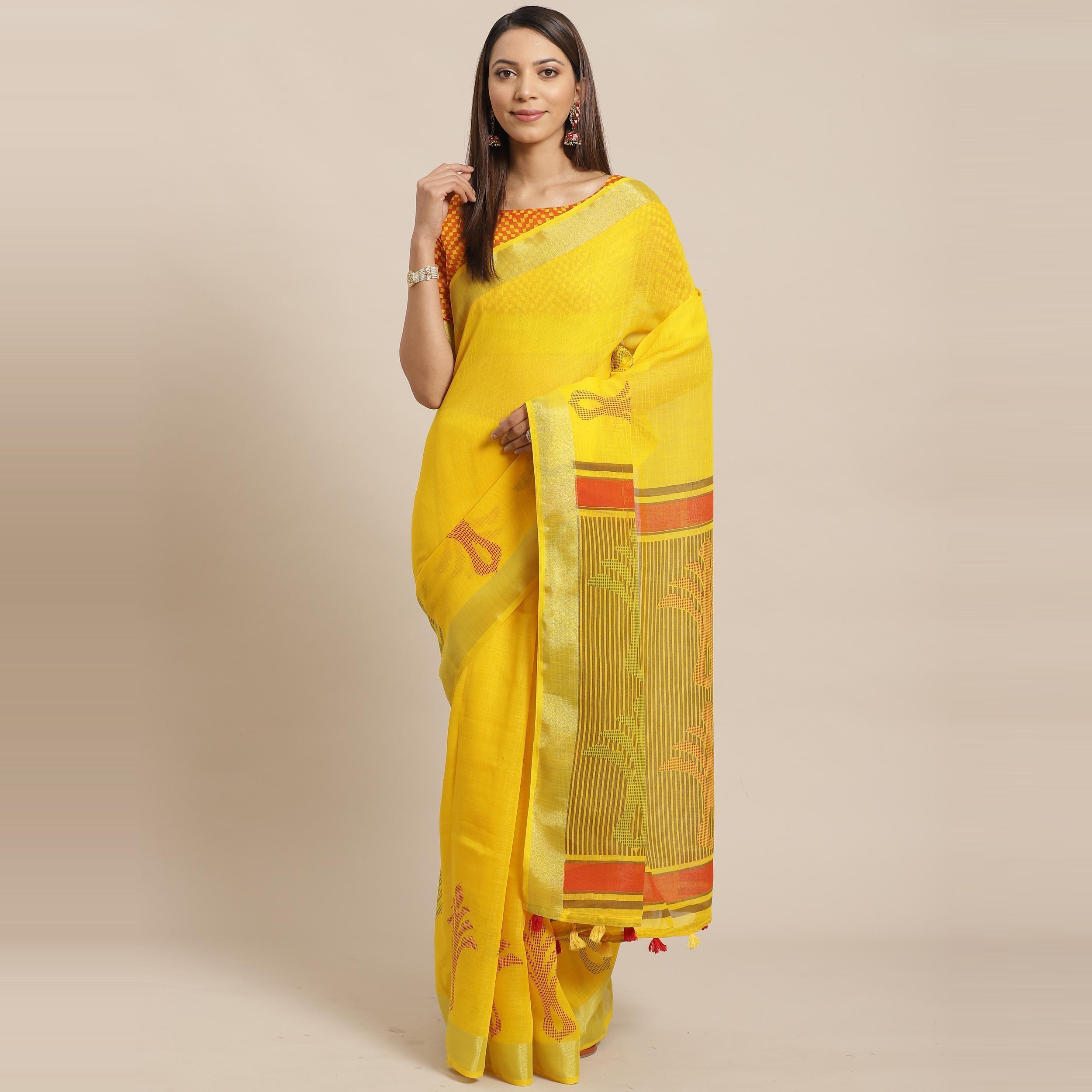 Sophisticated Yellow Colored Casual Wear Printed Linen Saree - Peachmode