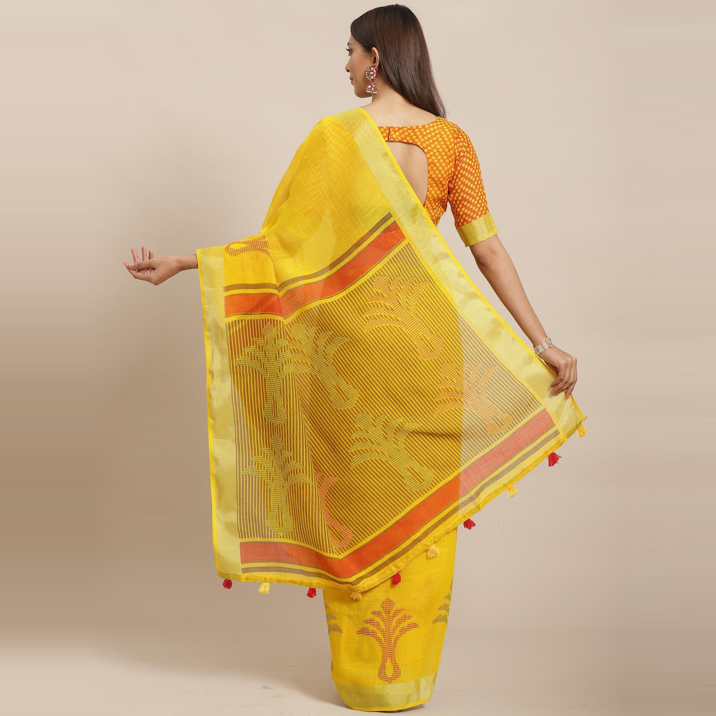 Sophisticated Yellow Colored Casual Wear Printed Linen Saree - Peachmode