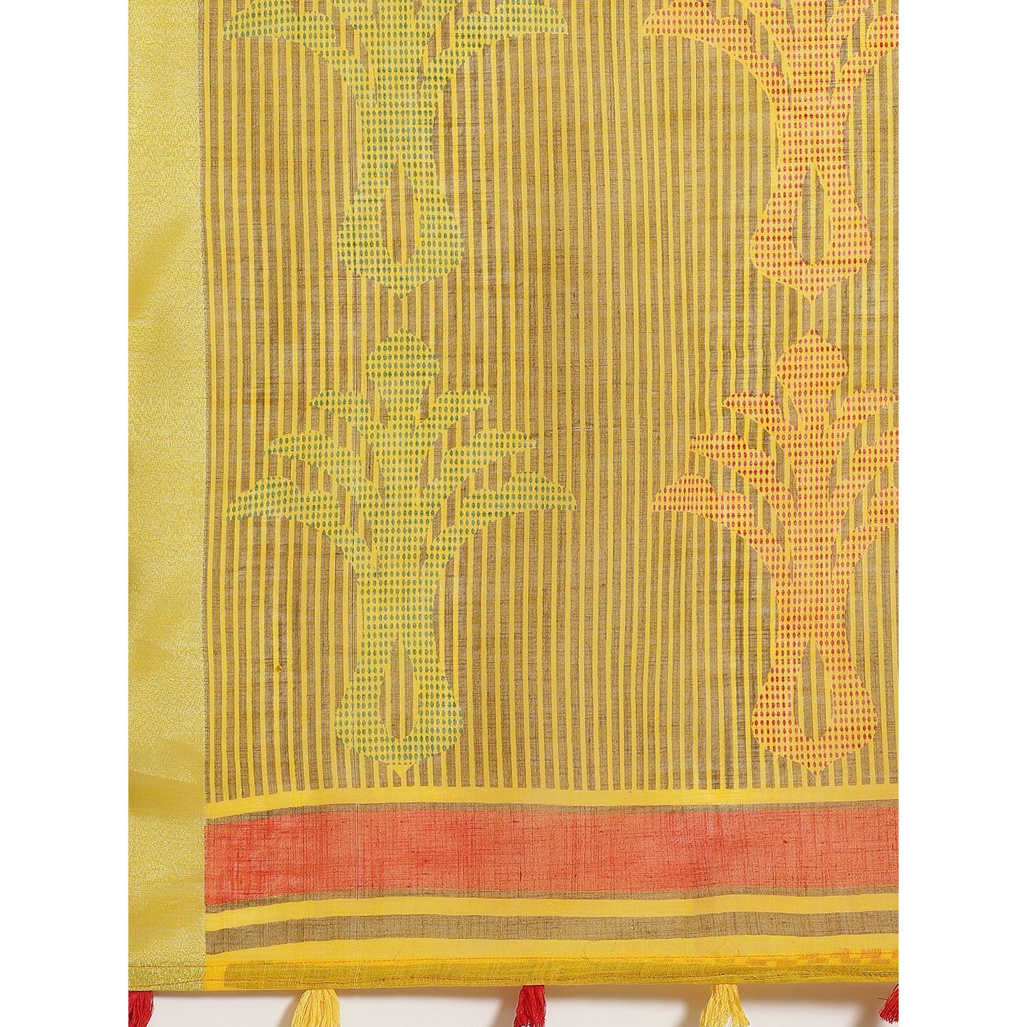 Sophisticated Yellow Colored Casual Wear Printed Linen Saree - Peachmode