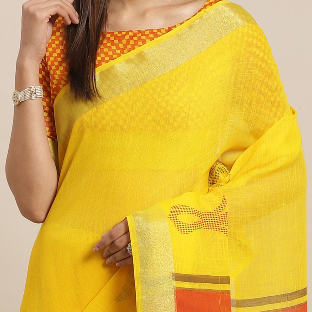 Sophisticated Yellow Colored Casual Wear Printed Linen Saree - Peachmode