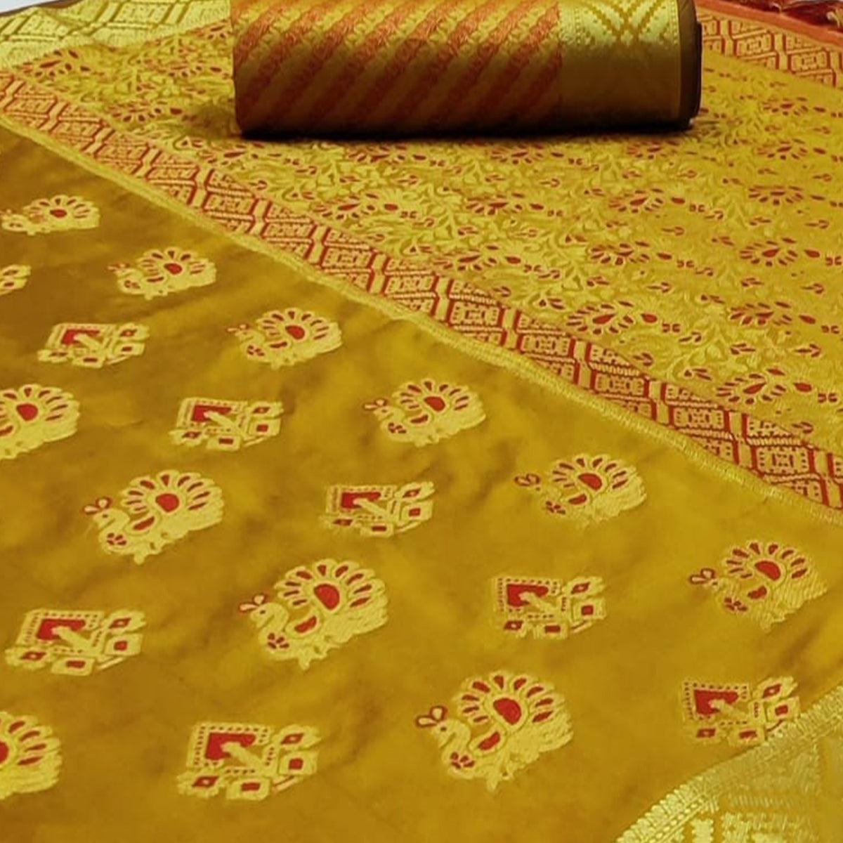 Sophisticated Yellow Colored Festive Wear Woven Cotton Saree - Peachmode