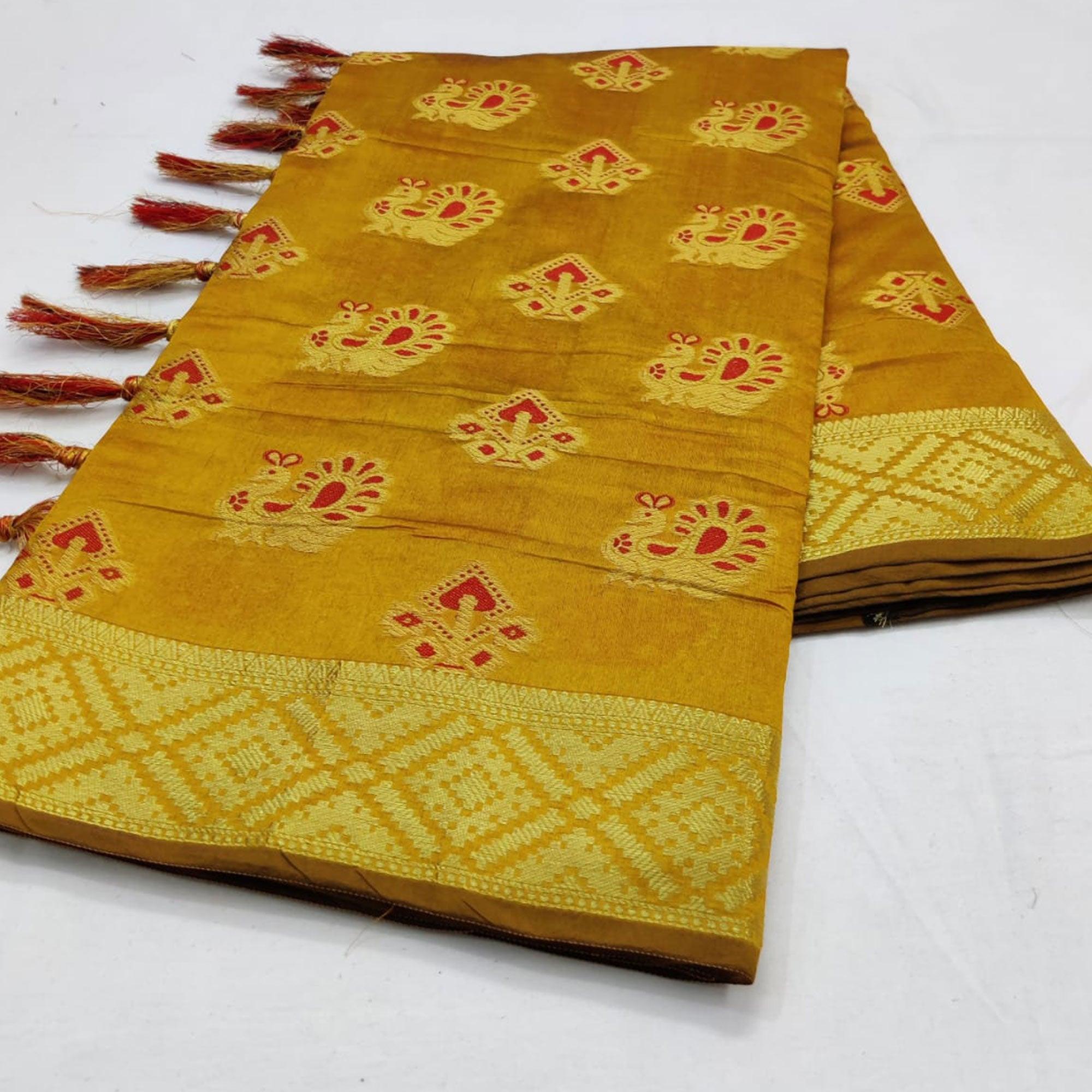 Sophisticated Yellow Colored Festive Wear Woven Cotton Saree - Peachmode