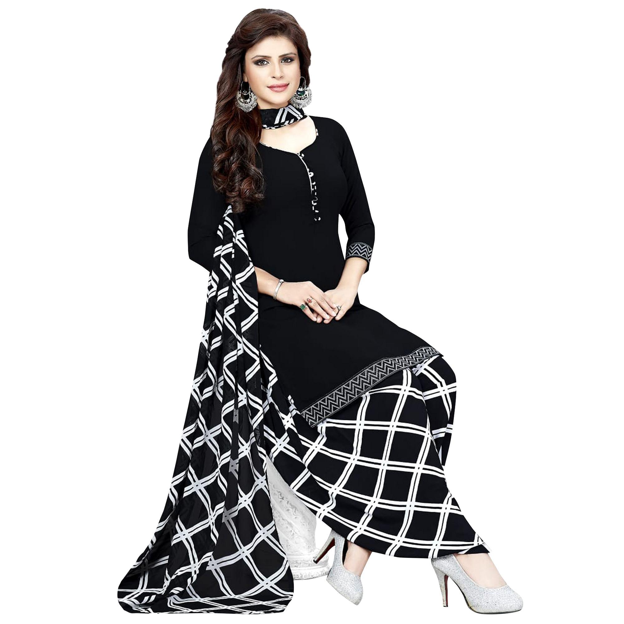 Staring Black Colored Casual Printed Crepe Dress Material - Peachmode