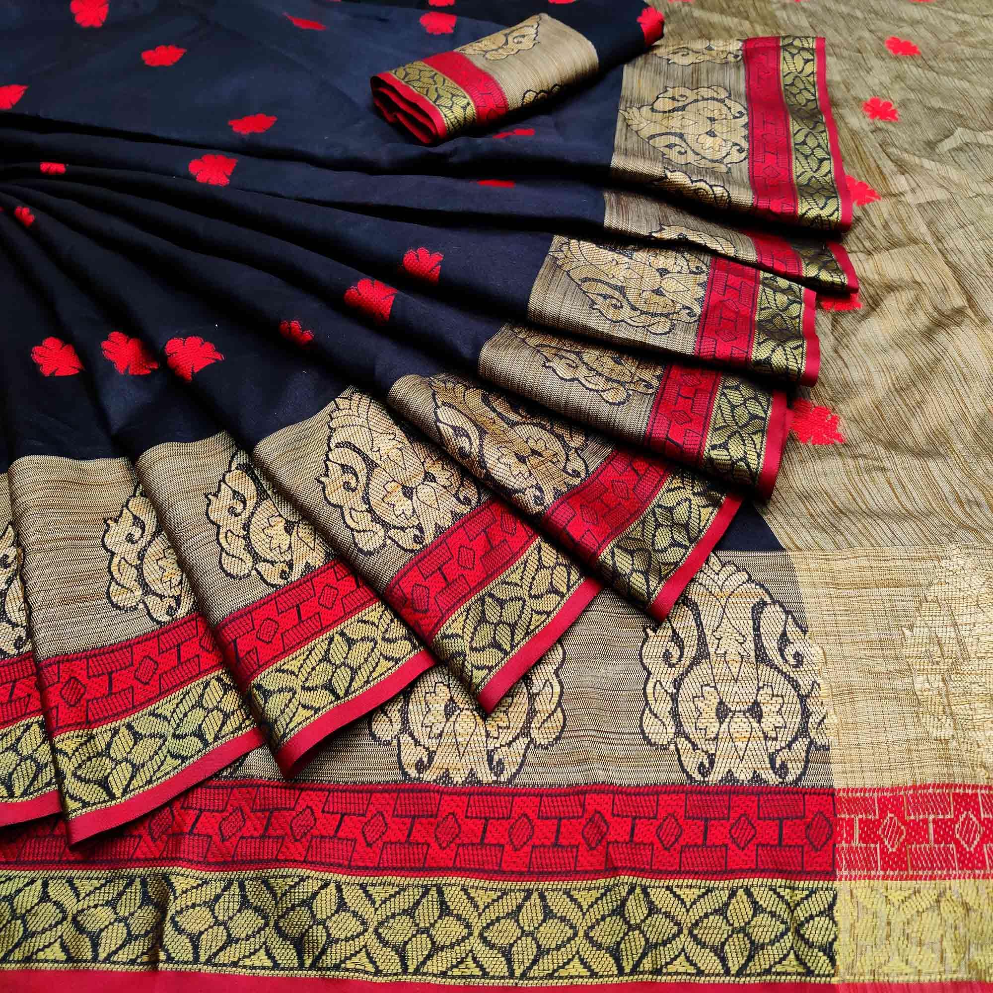 Staring Black Colored Festive Wear Woven Art Silk Saree - Peachmode