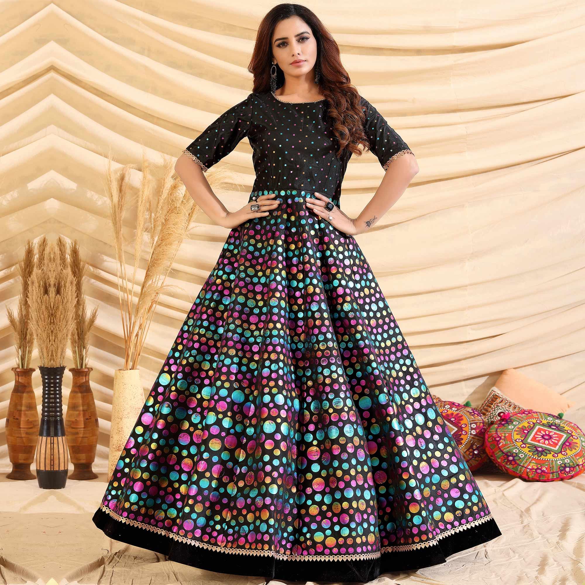 Staring Black Colored Party Wear Pigment Foil Work Taffeta Silk Gown - Peachmode