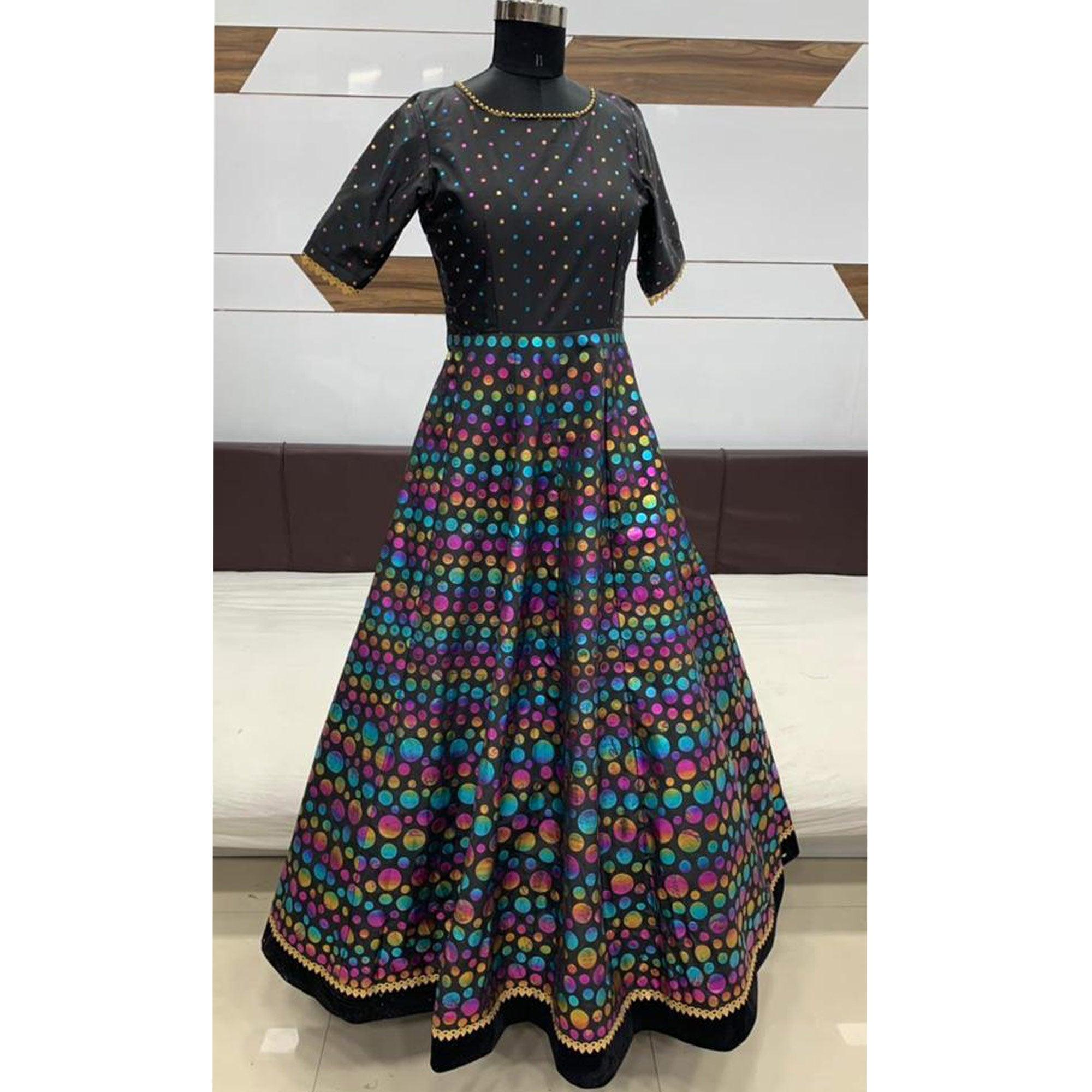 Staring Black Colored Party Wear Pigment Foil Work Taffeta Silk Gown - Peachmode