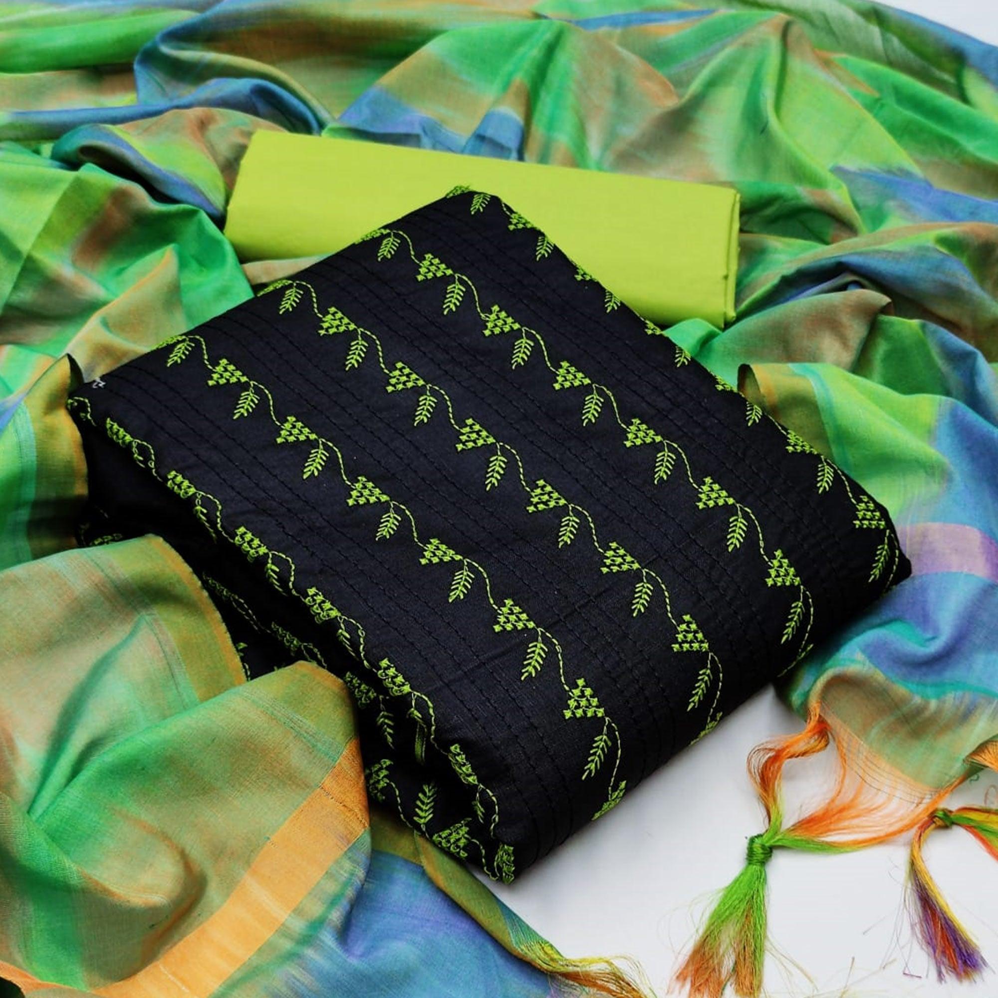 Staring Black - Green Colored Casual Wear Embroidered Cotton Dress Material - Peachmode