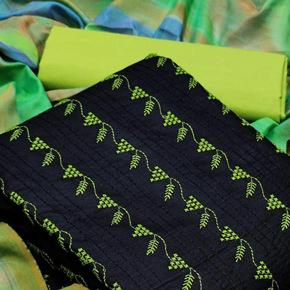 Staring Black - Green Colored Casual Wear Embroidered Cotton Dress Material - Peachmode