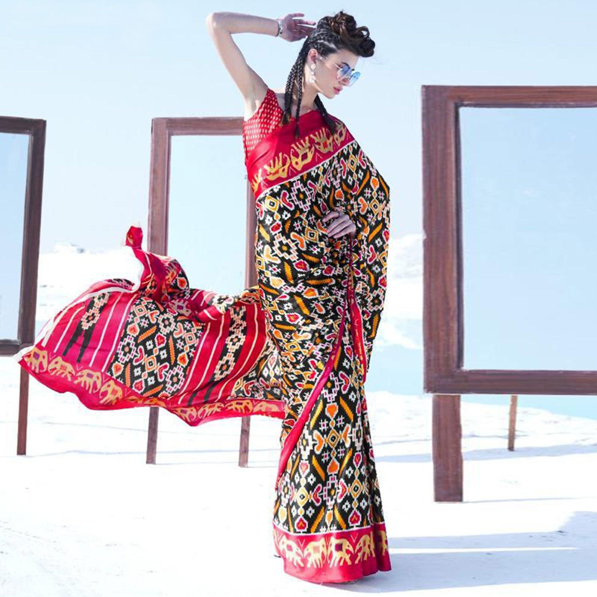 Staring Black - Red Colored Casual Wear Printed Satin Crepe Saree - Peachmode