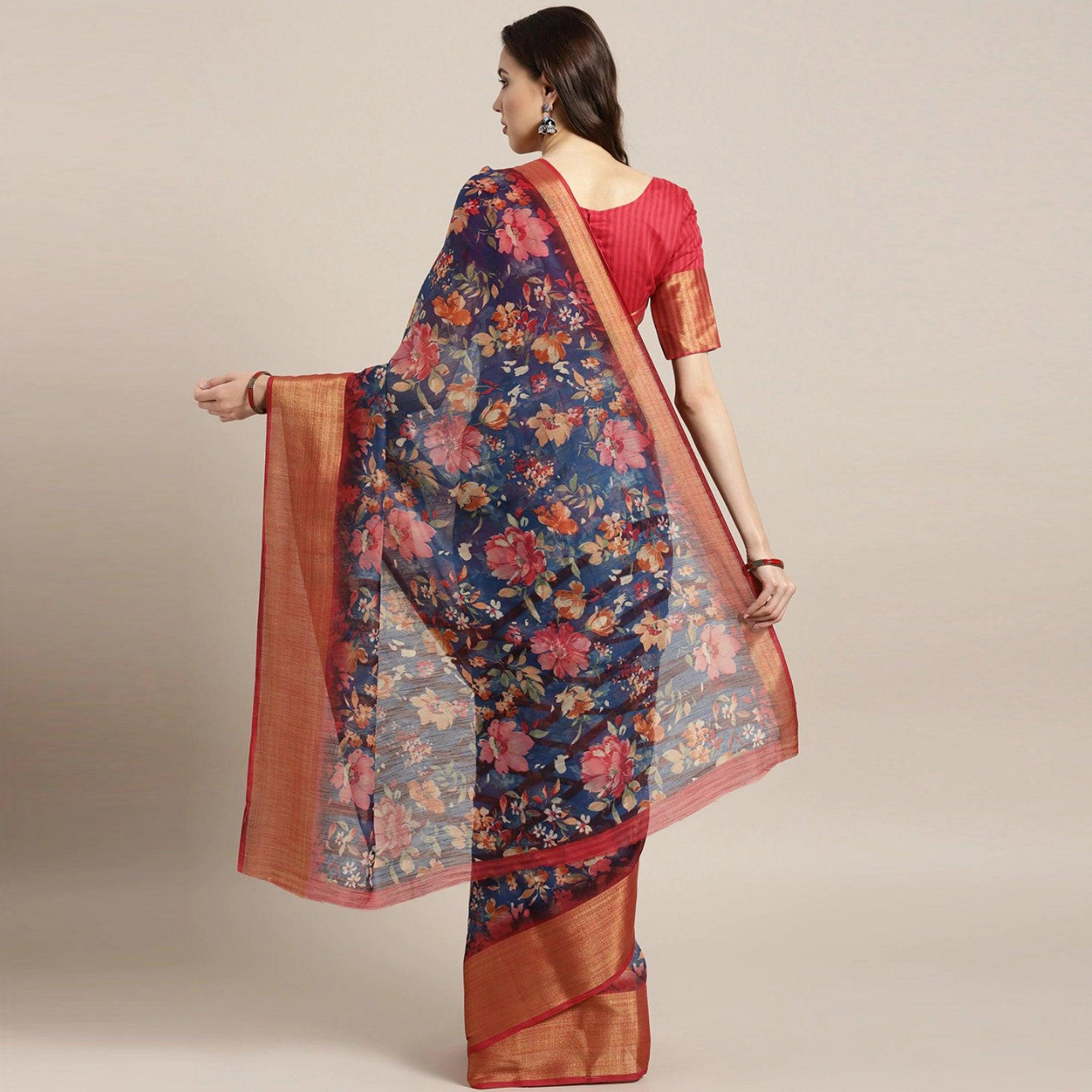 Staring Blue Festive Wear Floral Printed Semi Linen Jari Border Printed Saree - Peachmode