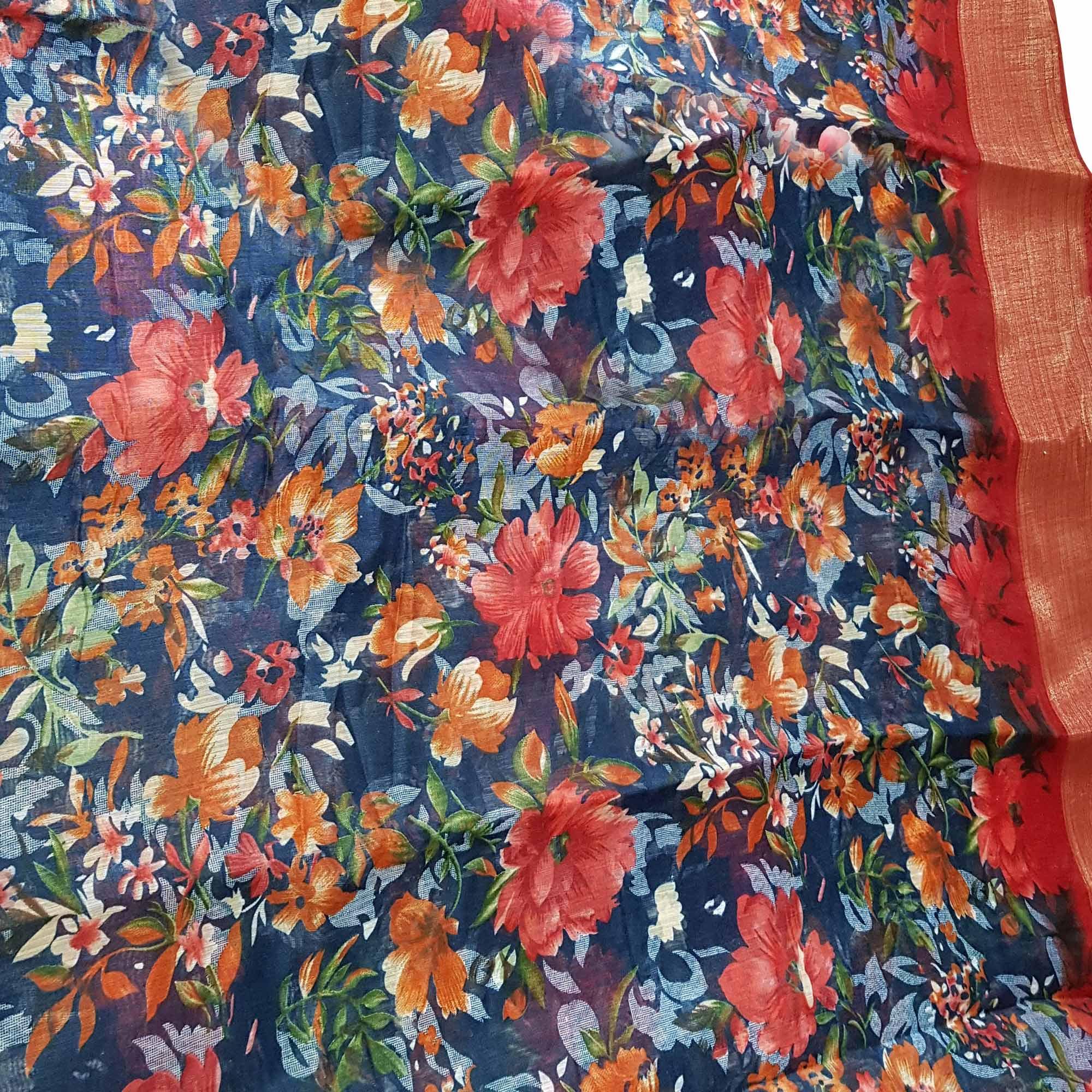 Staring Blue Festive Wear Floral Printed Semi Linen Jari Border Printed Saree - Peachmode