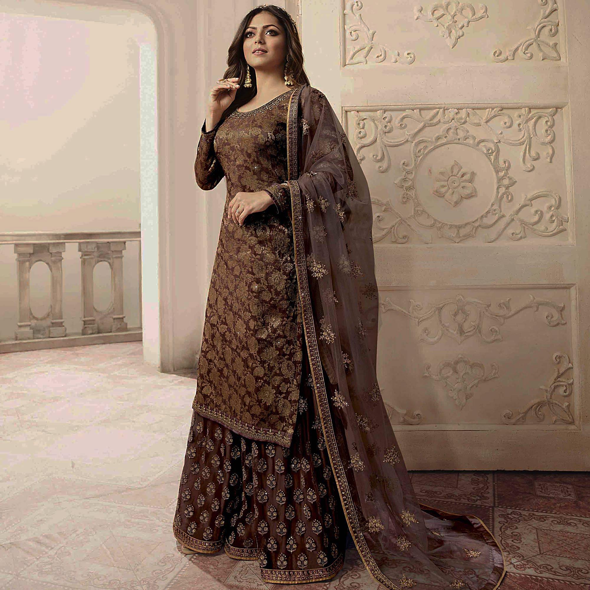 Staring Brown Colored designer Partywear Embroidered Dola Jacquard Palazzo Suit - Peachmode