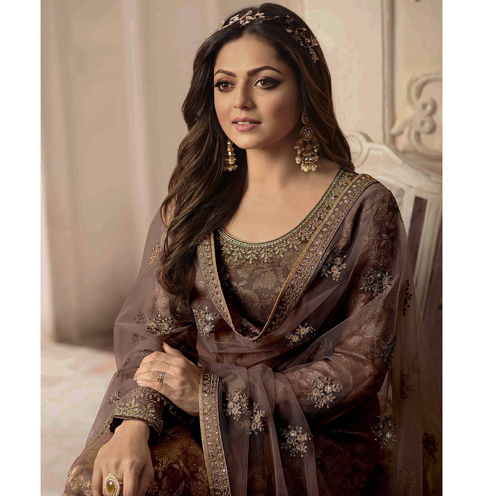 Staring Brown Colored designer Partywear Embroidered Dola Jacquard Palazzo Suit - Peachmode