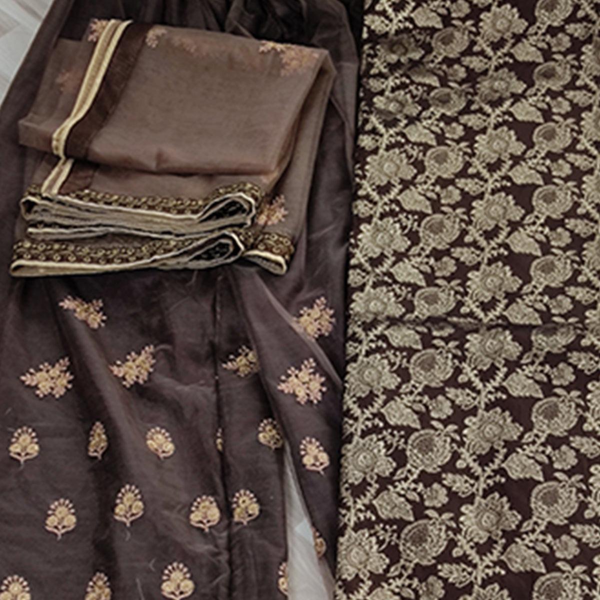 Staring Brown Colored designer Partywear Embroidered Dola Jacquard Palazzo Suit - Peachmode