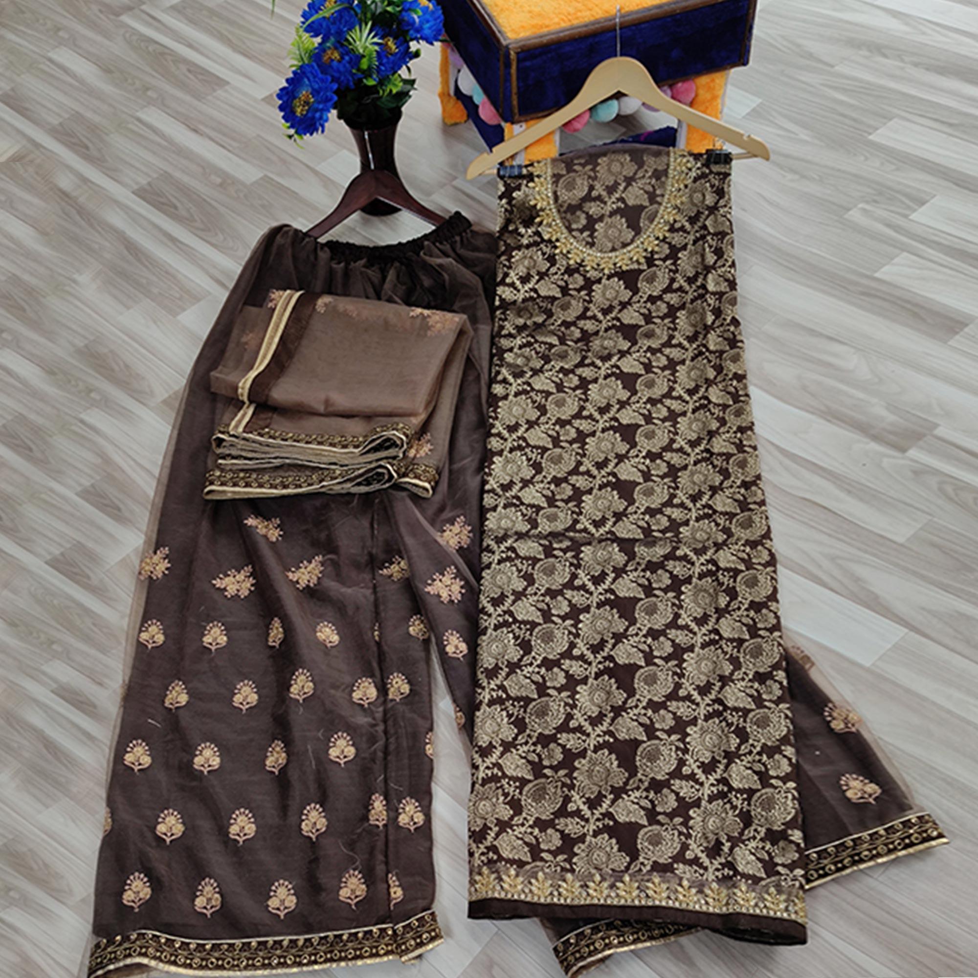 Staring Brown Colored designer Partywear Embroidered Dola Jacquard Palazzo Suit - Peachmode