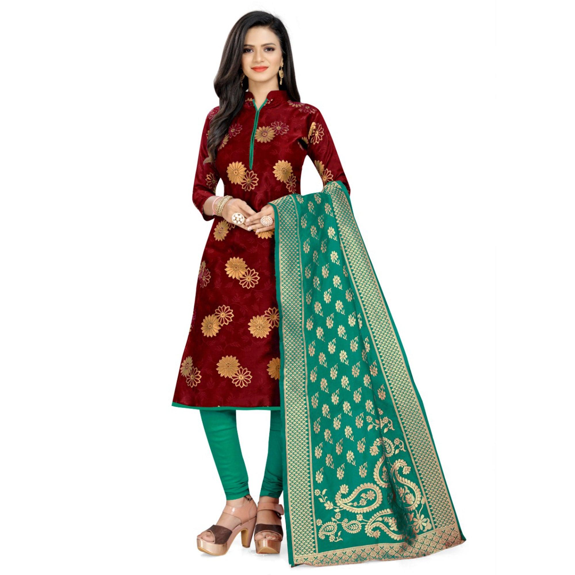 Staring Coffee Brown Colored Casual Wear Banarasi Jacquard Dress Material - Peachmode