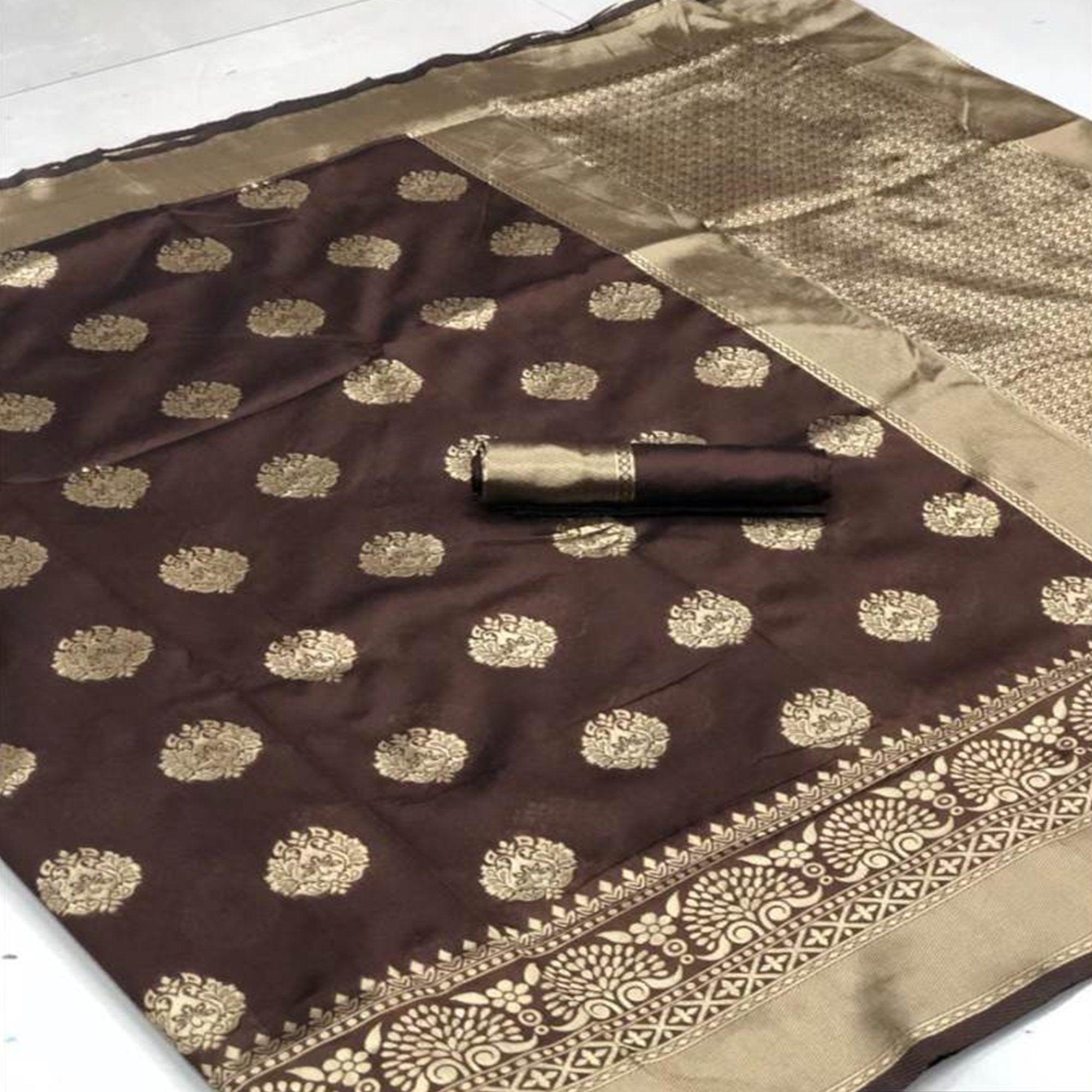 Staring Coffee Brown Colored Festive Wear Woven Banarasi Silk Saree - Peachmode