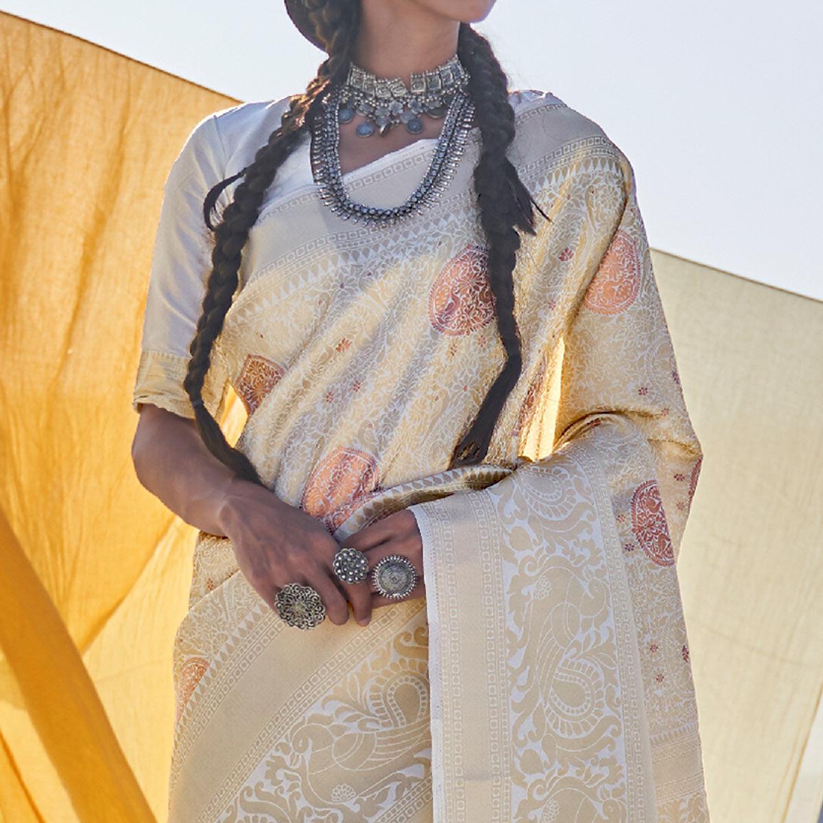 Staring Cream Colored Festive Wear Weaving Handloom Soft Silk Saree - Peachmode