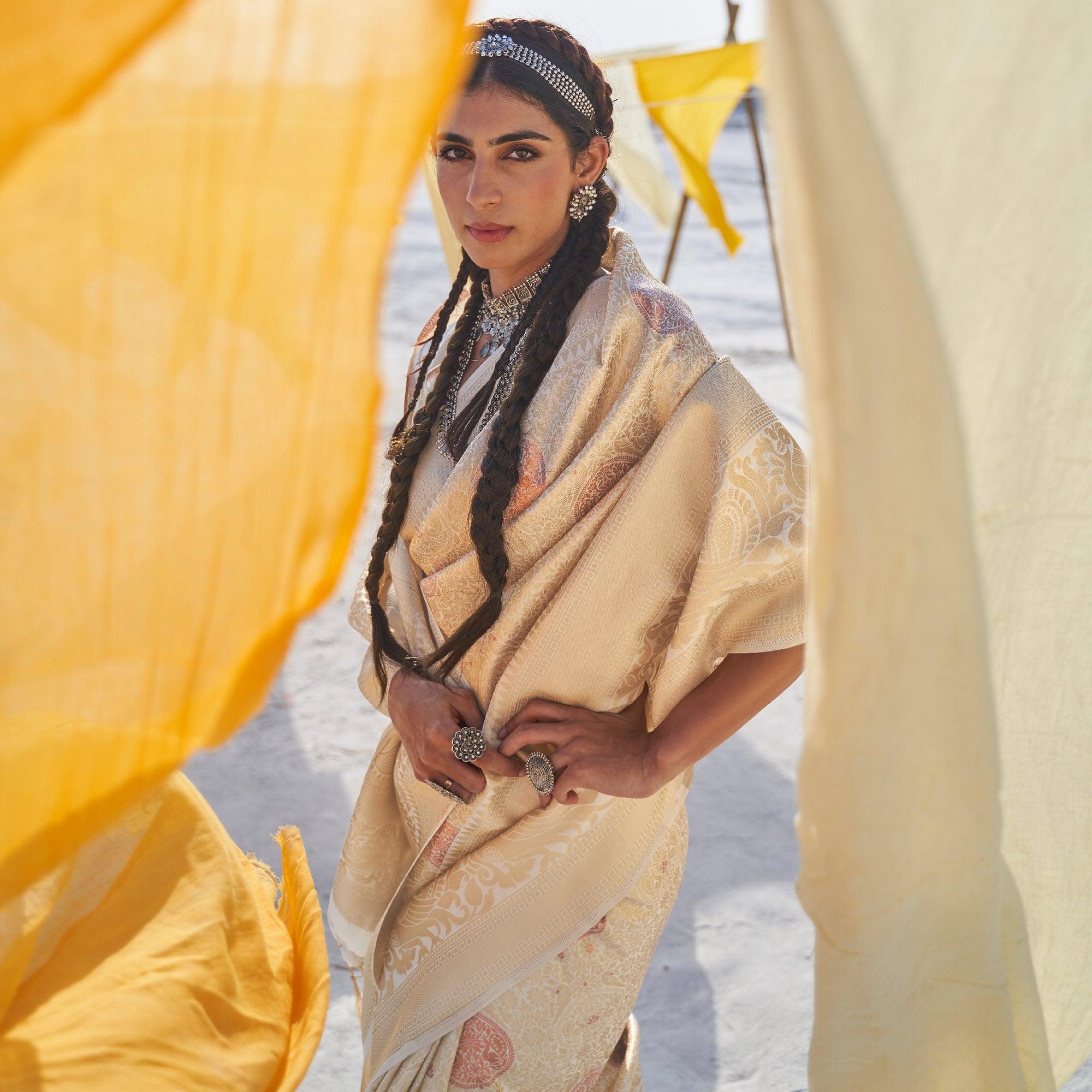 Staring Cream Colored Festive Wear Weaving Handloom Soft Silk Saree - Peachmode