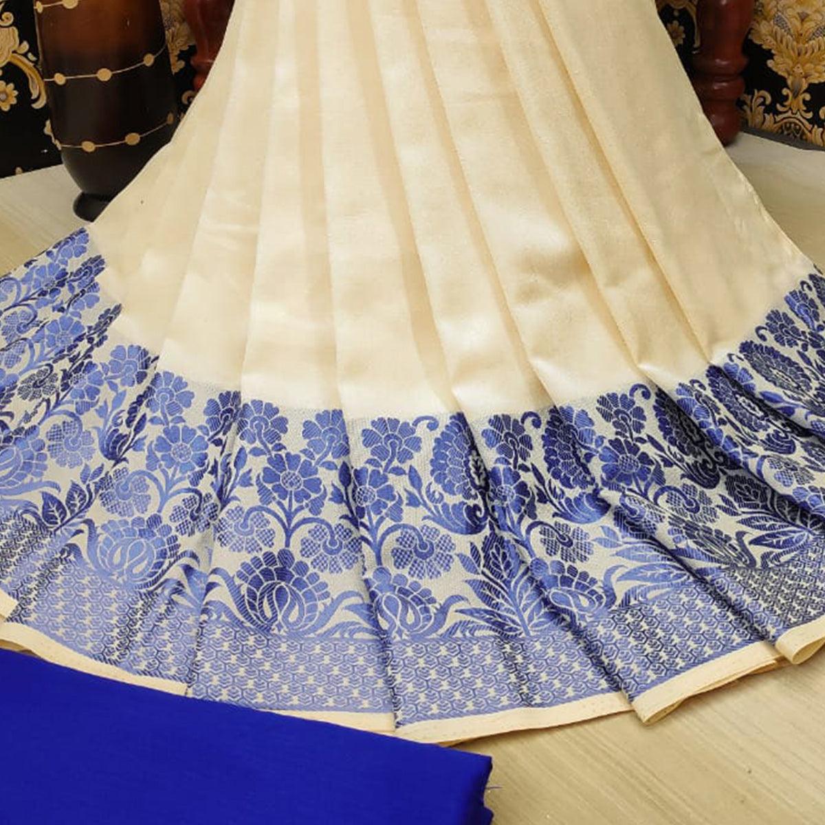 Staring Cream Colored Festive Wear Woven Vichitra Silk Saree - Peachmode