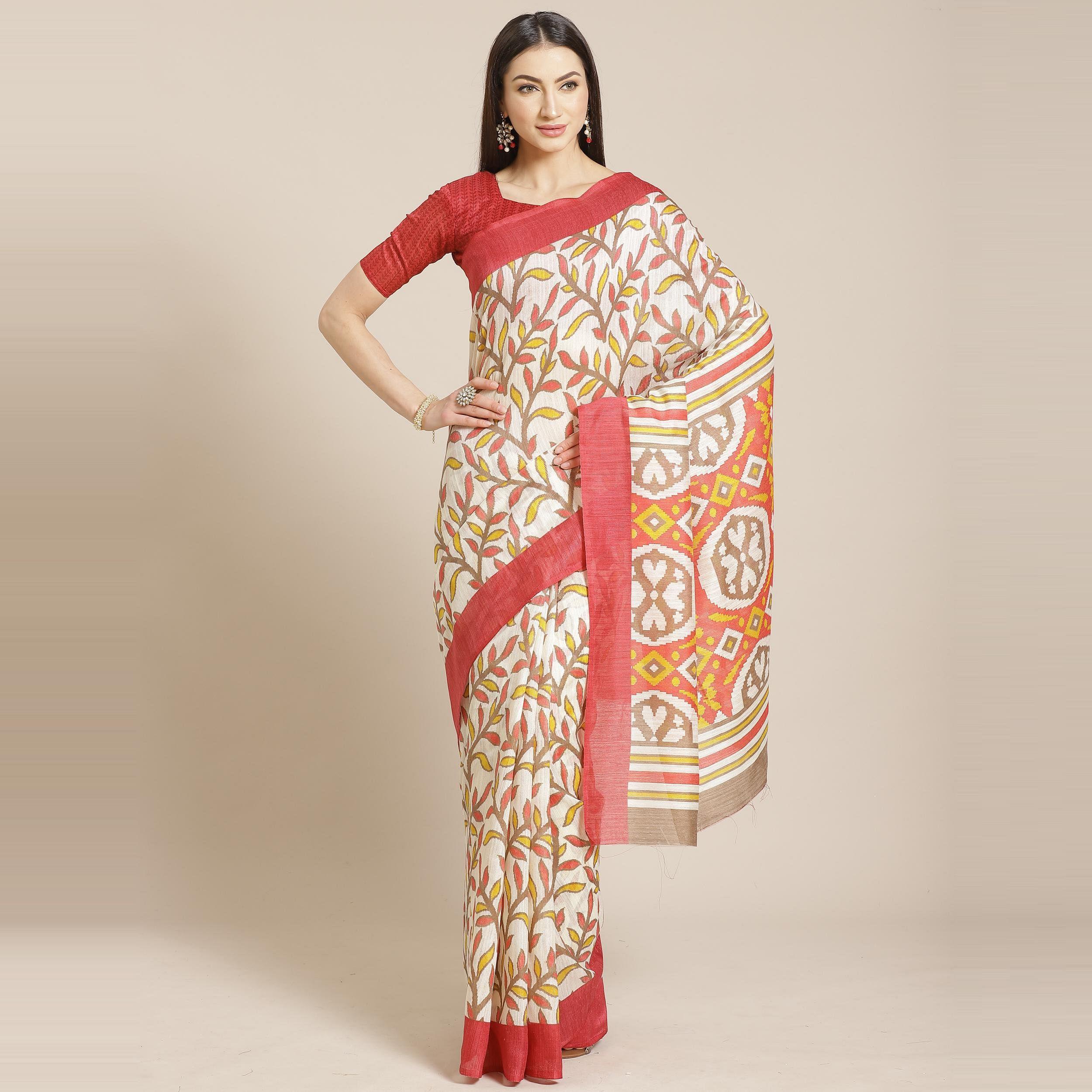 Staring Cream - Pink Colored Casual Wear Printed Silk blend Saree - Peachmode