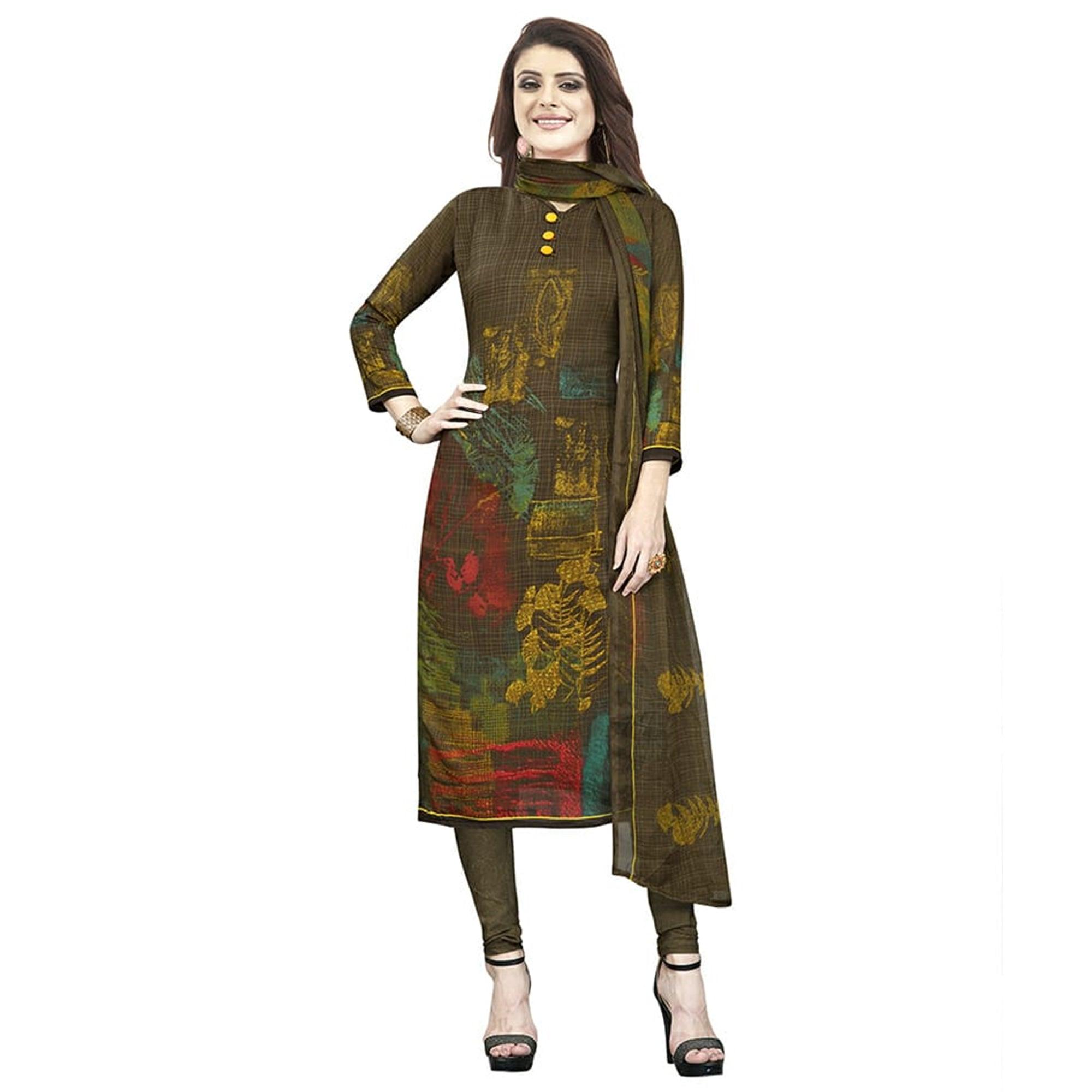 Staring Dark Brown Colored Casual Printed Crepe Churidar Dress Material - Peachmode